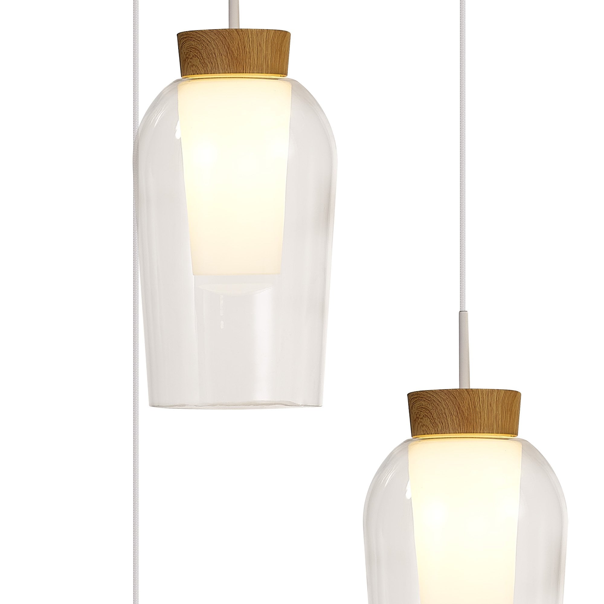 Mantra Nora 3 Light Adjustable Round Pendant - White, Wood & Clear Glass With Frosted Inner