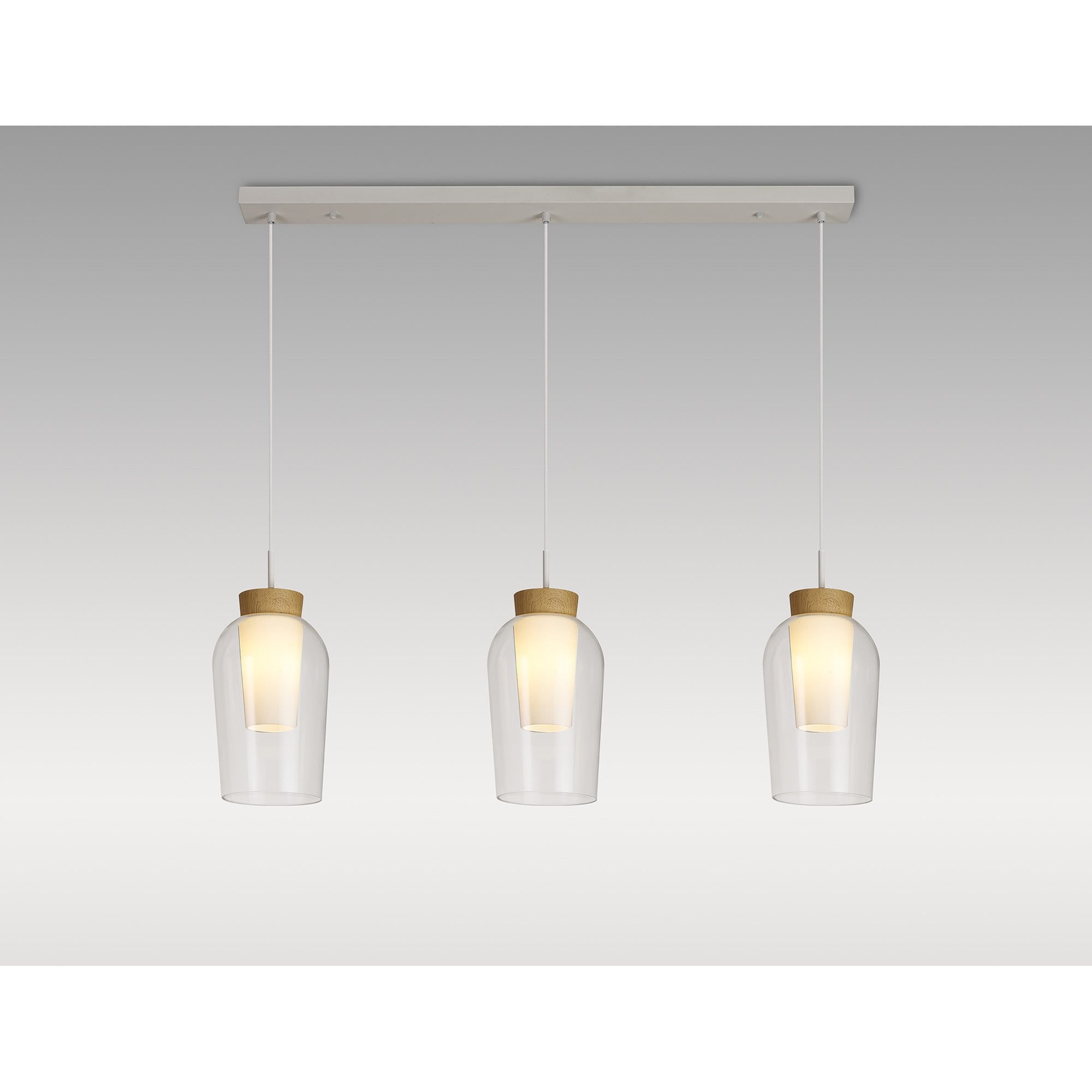 Mantra Nora 3 Light Adjustable Linear Pendant - White, Wood & Clear Glass With Frosted Inner