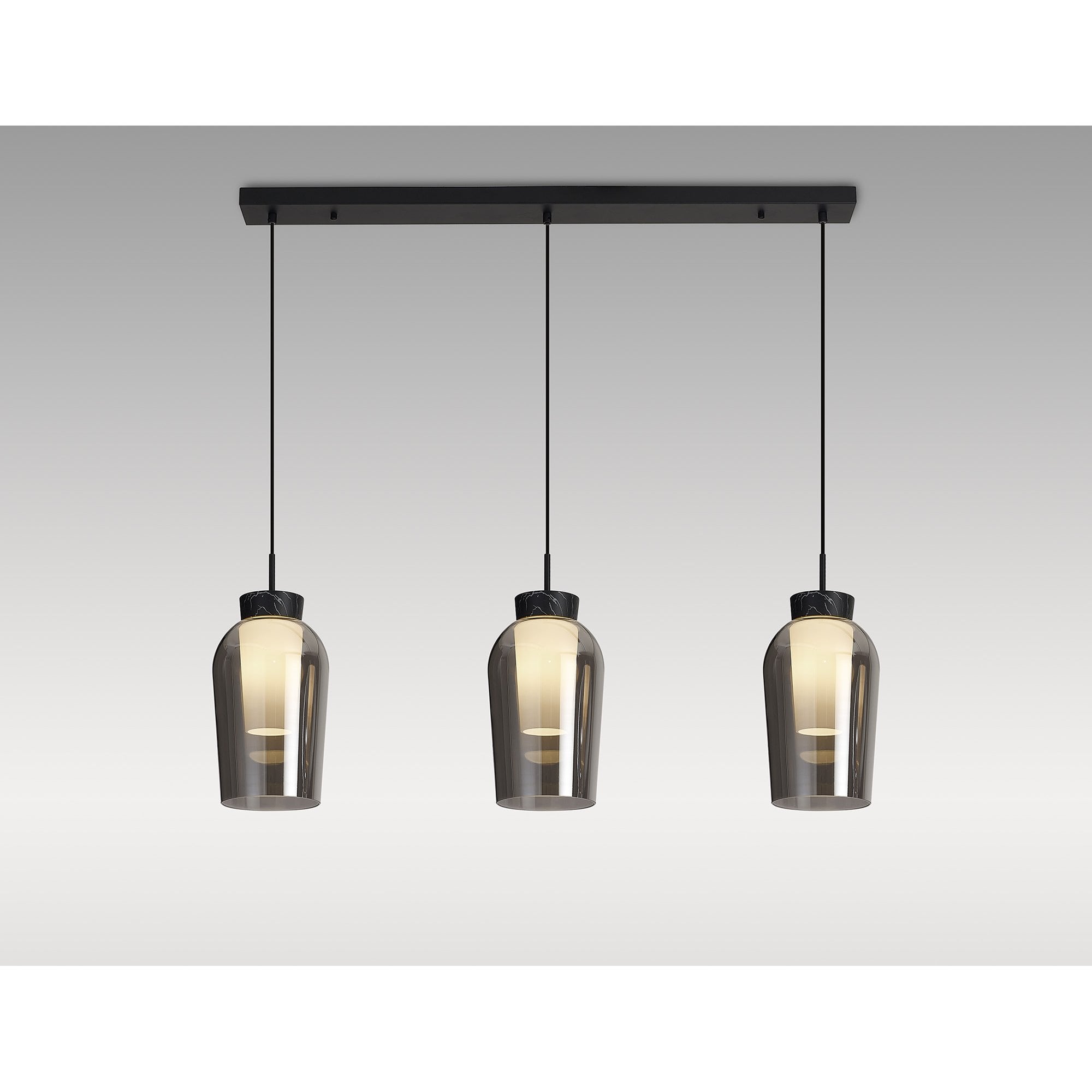 Mantra Nora 3 Light Adjustable Linear Pendant - Black, Black Marble & Chrome Glass With Frosted Inner