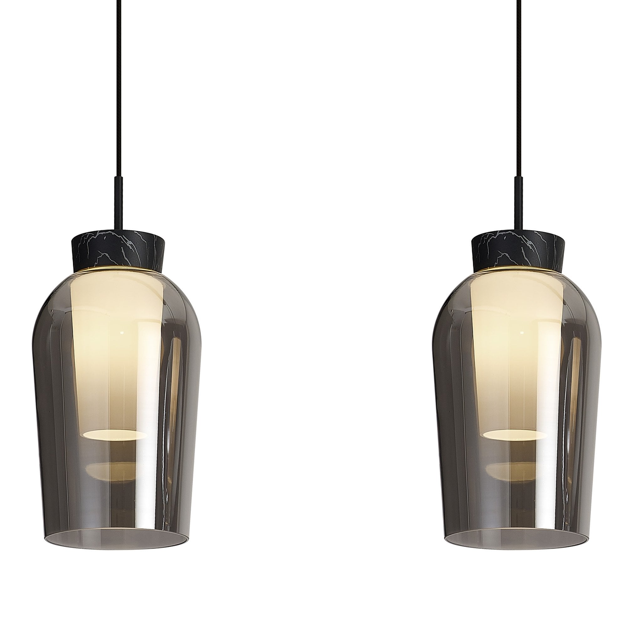Mantra Nora 3 Light Adjustable Linear Pendant - Black, Black Marble & Chrome Glass With Frosted Inner