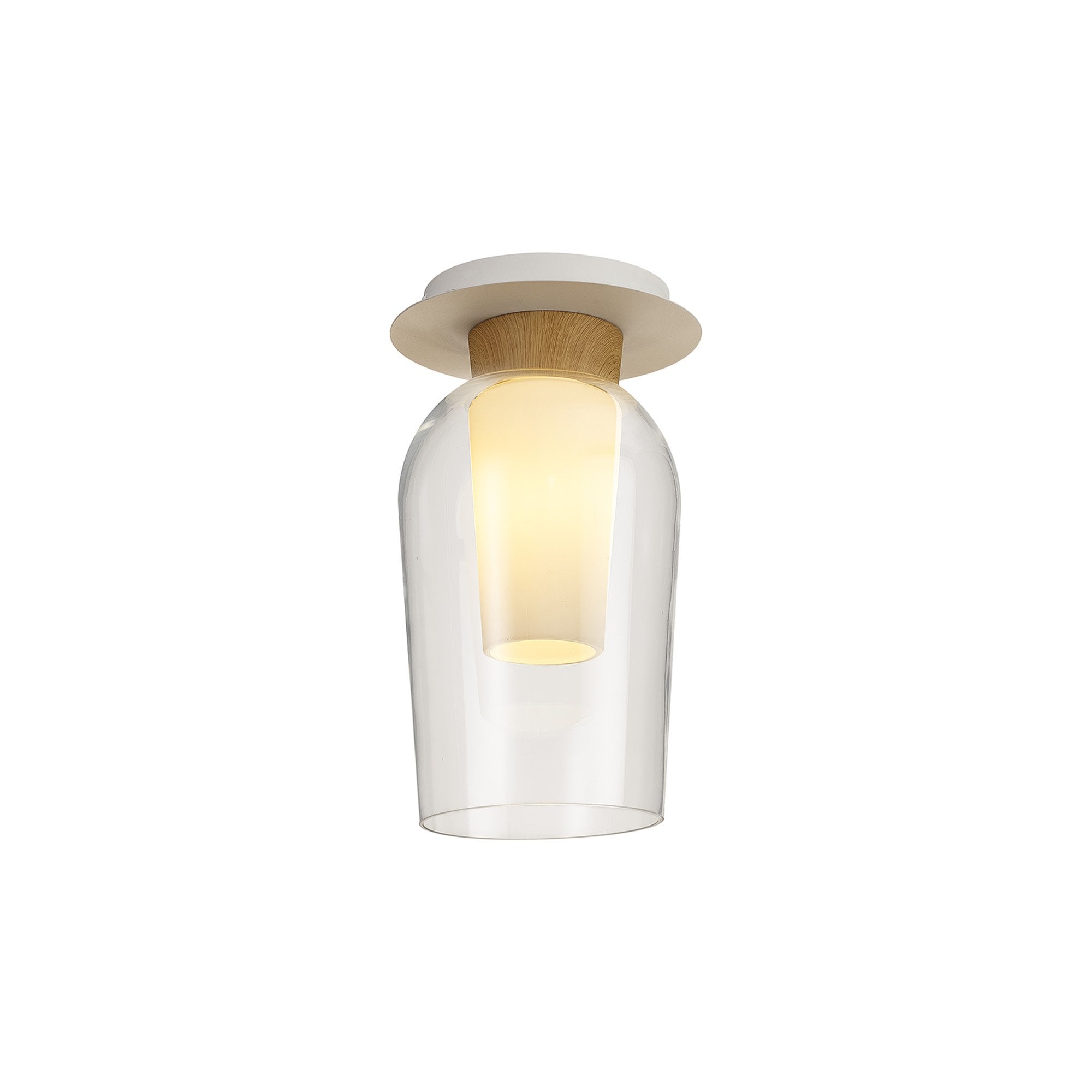 Mantra Nora 1 Light Semi-Flush Ceiling Light - White, Wood & Clear Glass With Frosted Inner
