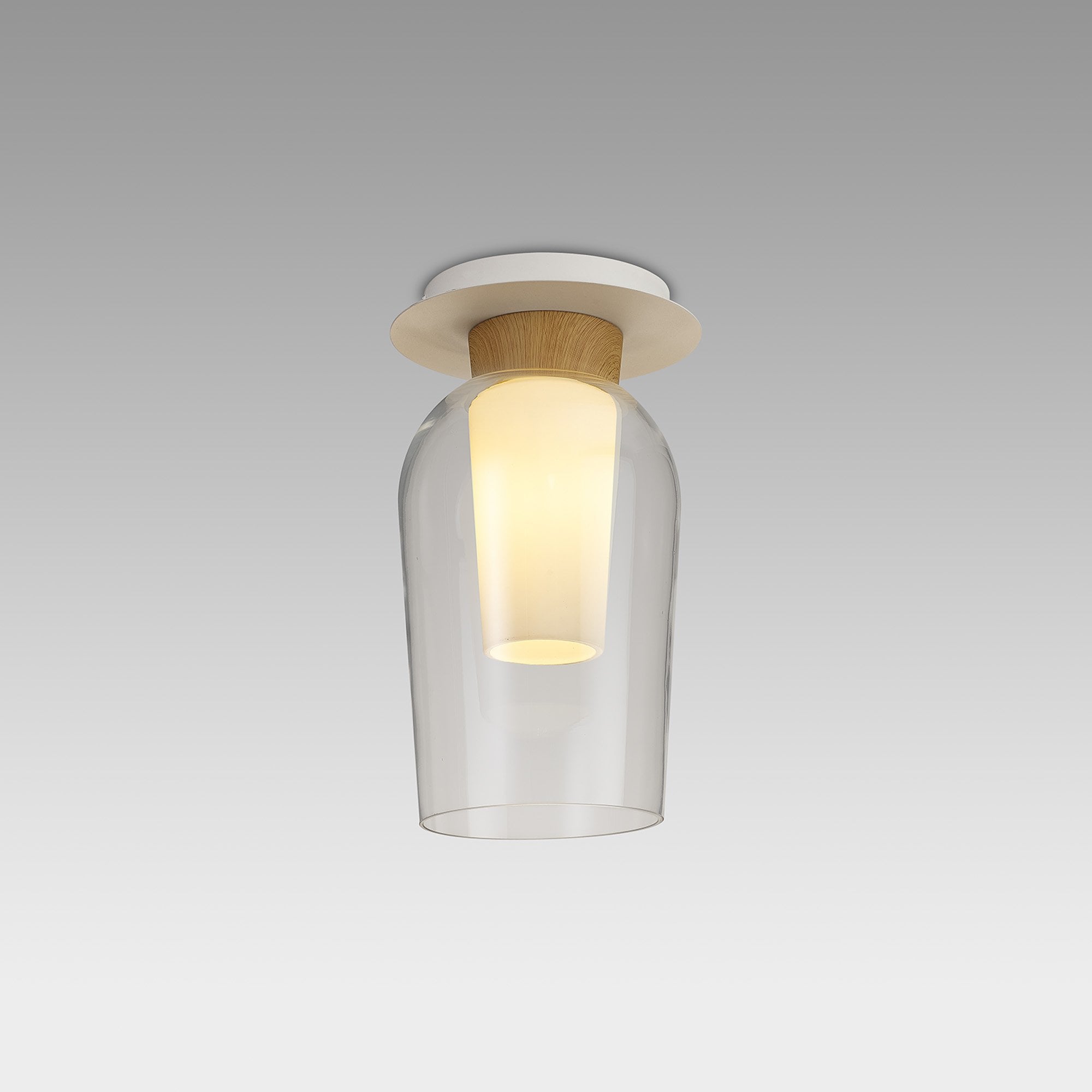 Mantra Nora 1 Light Semi-Flush Ceiling Light - White, Wood & Clear Glass With Frosted Inner