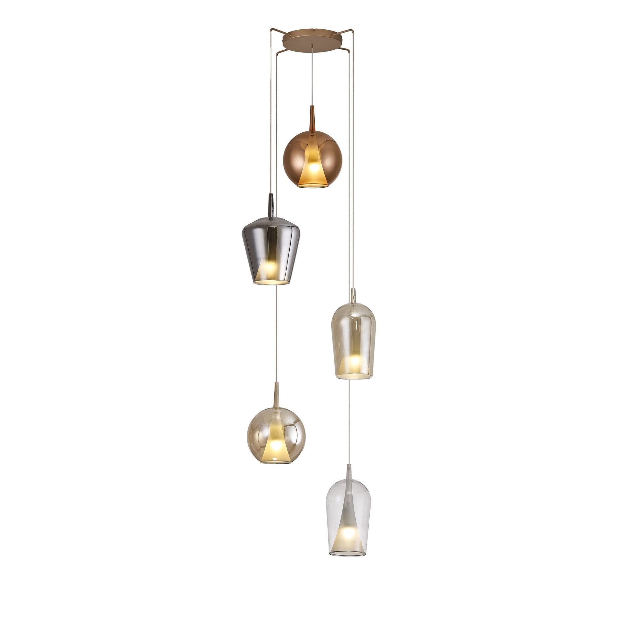 Mantra Elsa 5 Light Pendant - Mixed Shades With Frosted Inner Cones - Gold With Clear, Chrome, Copper & Bronze Glass