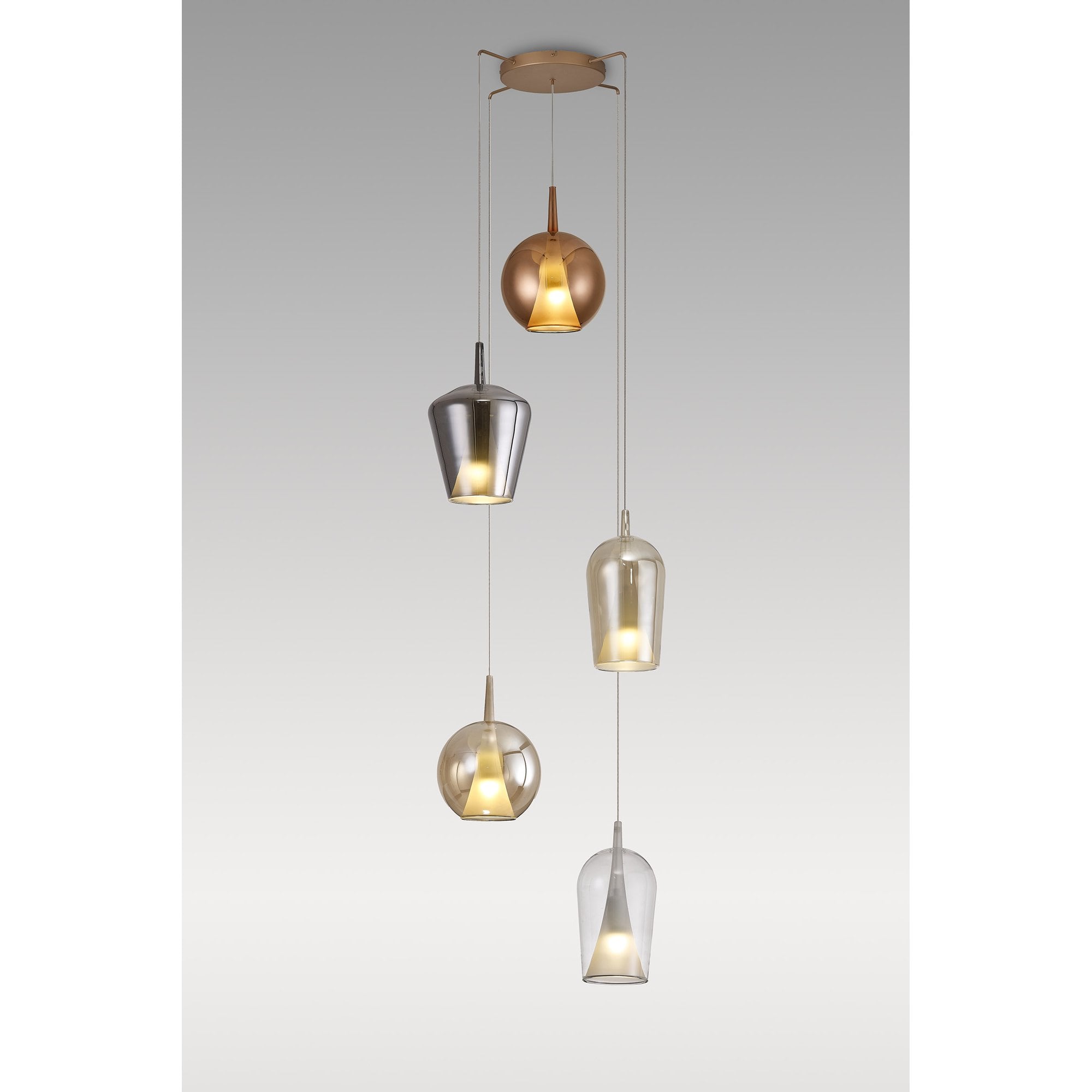 Mantra Elsa 5 Light Pendant - Mixed Shades With Frosted Inner Cones - Gold With Clear, Chrome, Copper & Bronze Glass