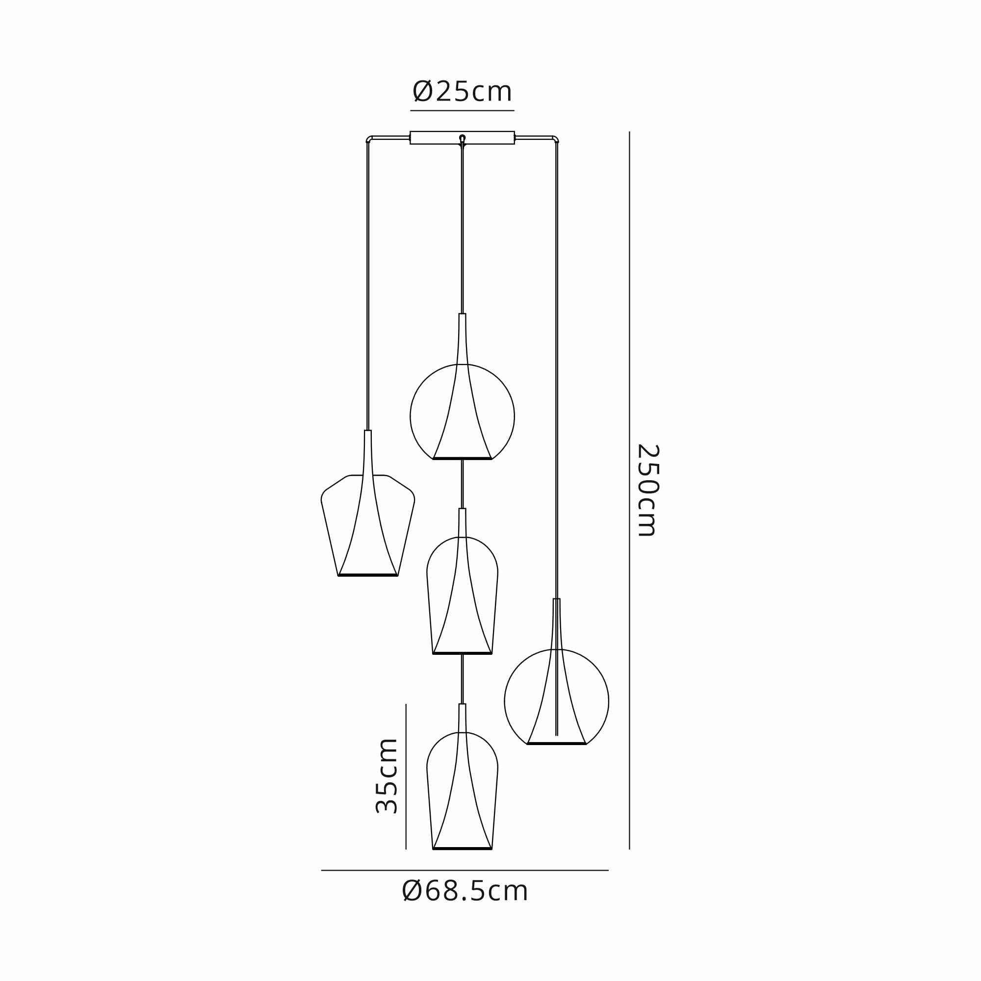 Mantra Elsa 5 Light Pendant - Mixed Shades With Frosted Inner Cones - Gold With Clear, Chrome, Copper & Bronze Glass