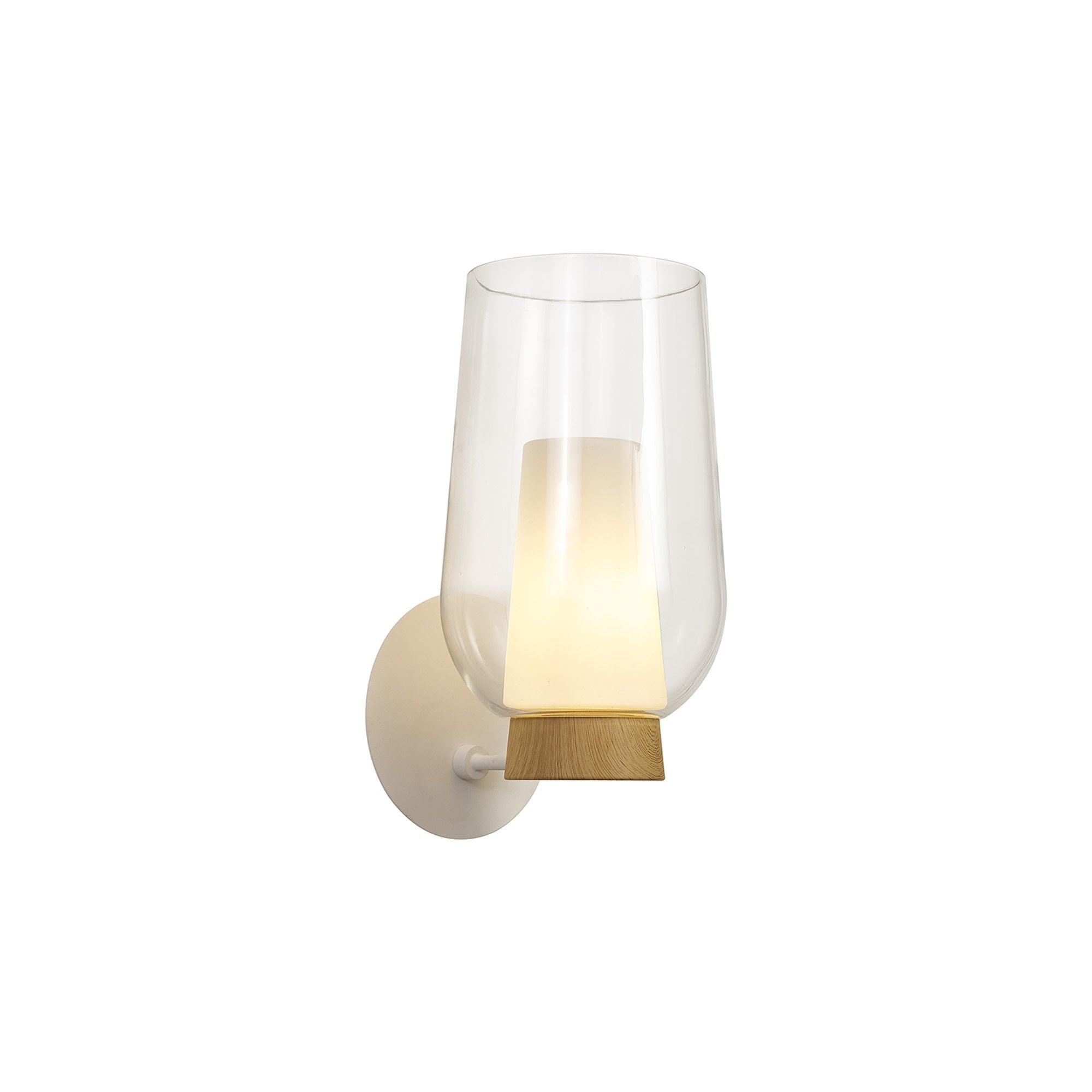 Mantra Nora 1 Light Wall Lamp - White, Wood & Clear Glass With Frosted Inner