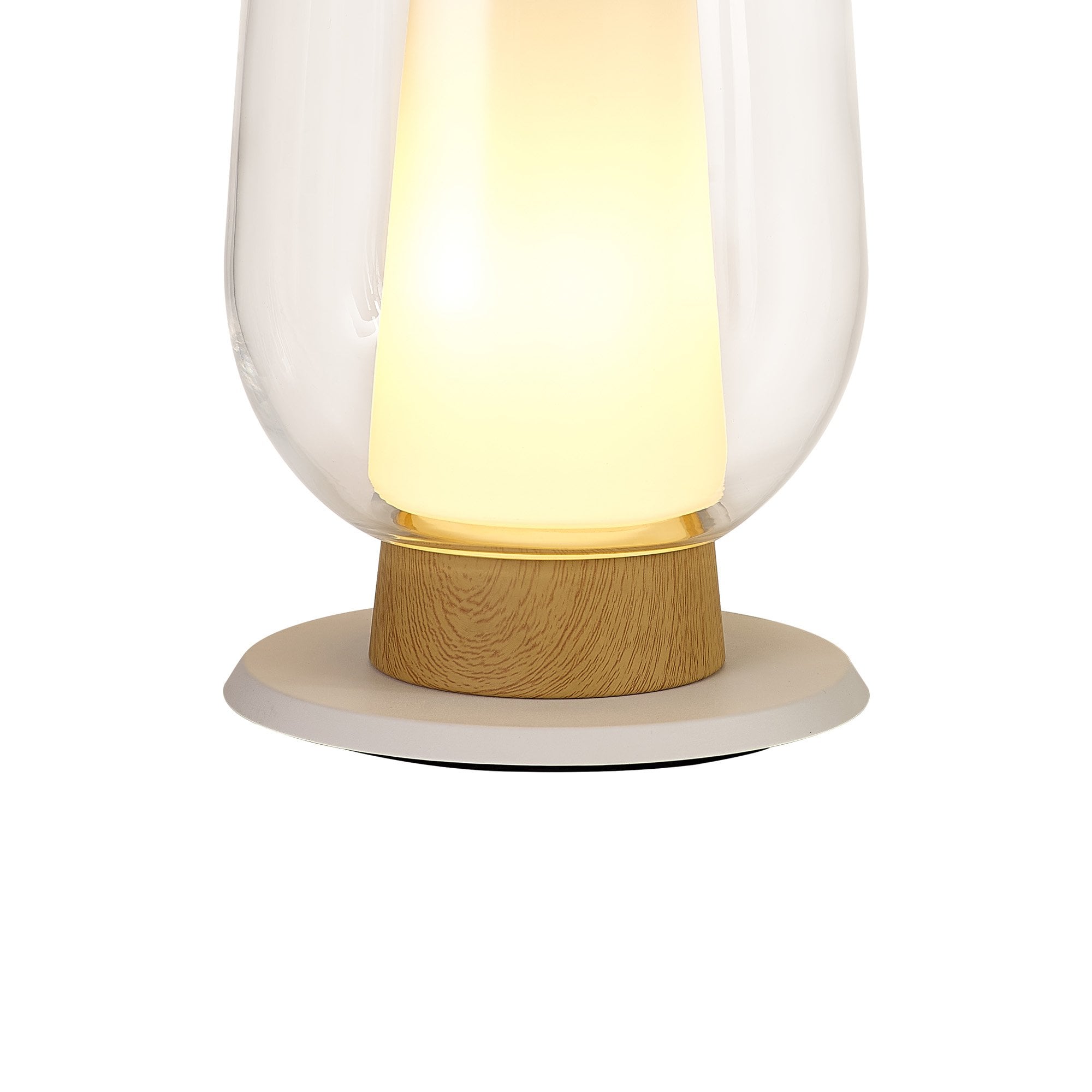 Mantra Nora 1 Light Table Lamp - White, Wood & Clear Glass With Frosted Inner
