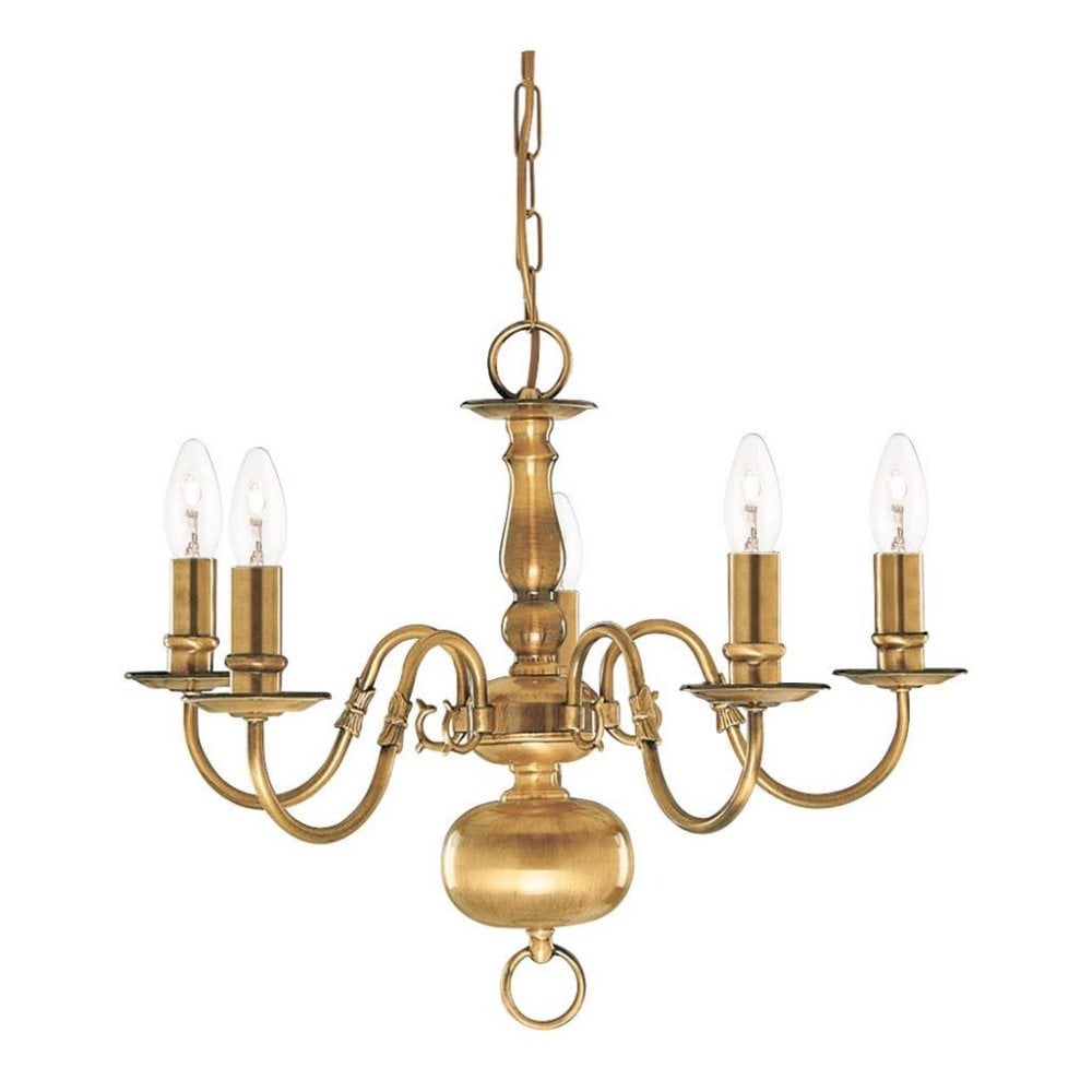 Searchlight Fearnside Solid Antique Brass 5 Light Chandelier With Metal Candle Covers