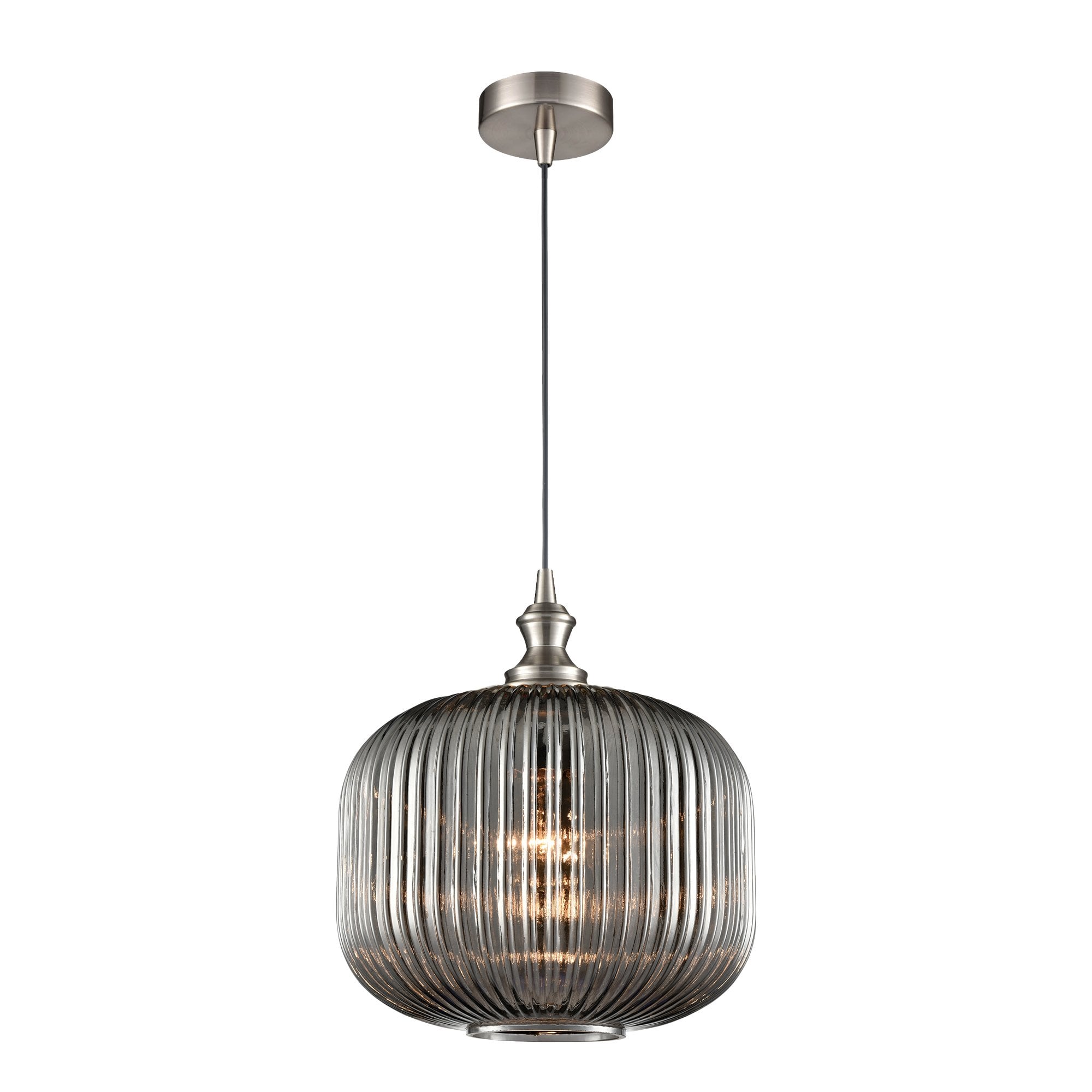 Franklite Refract Pendant - 250mm Ribbed Glass Shade - Satin Nickel & Smoked Glass