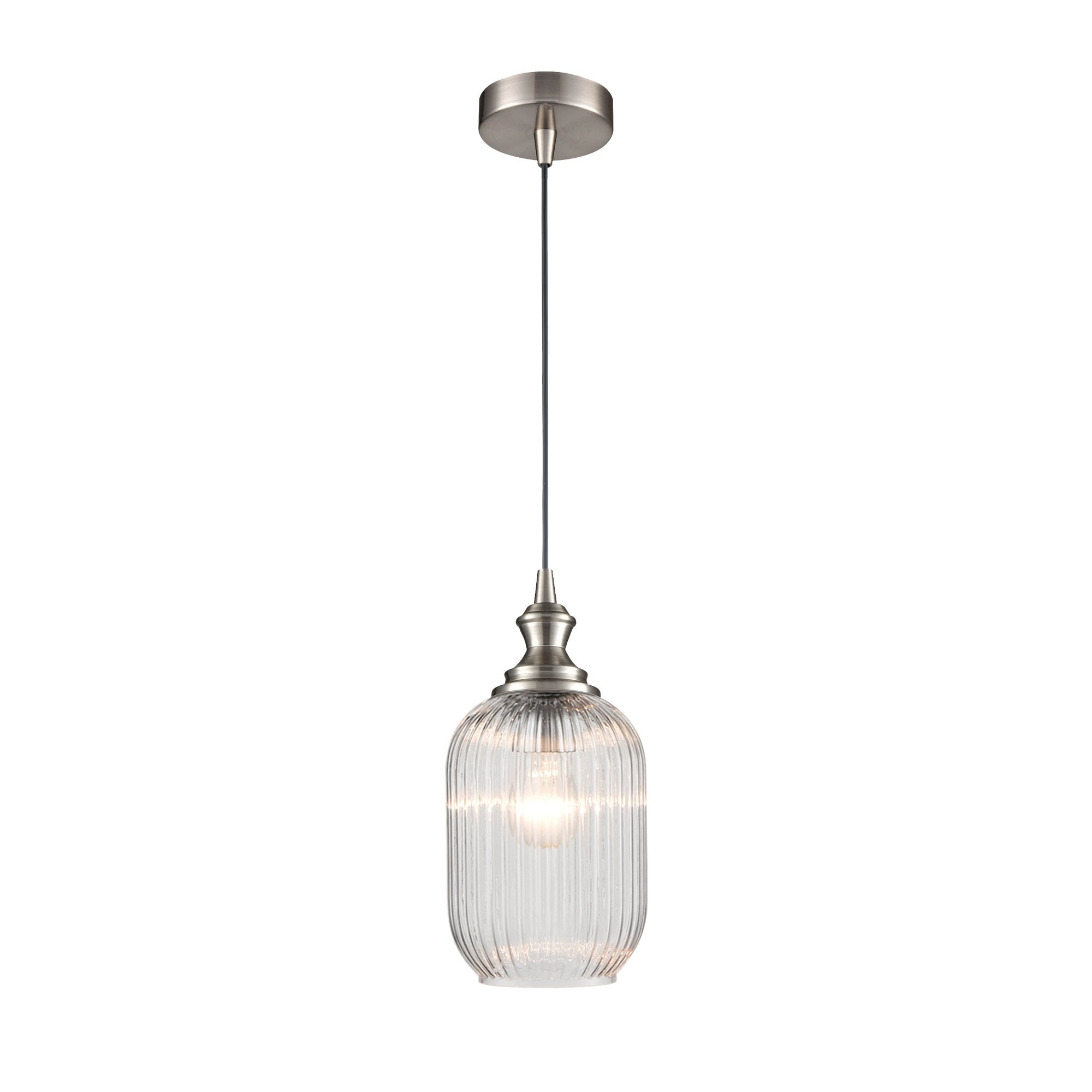 Franklite Refract Pendant - 150mm Ribbed Glass Shade - Satin Nickel & Clear Glass