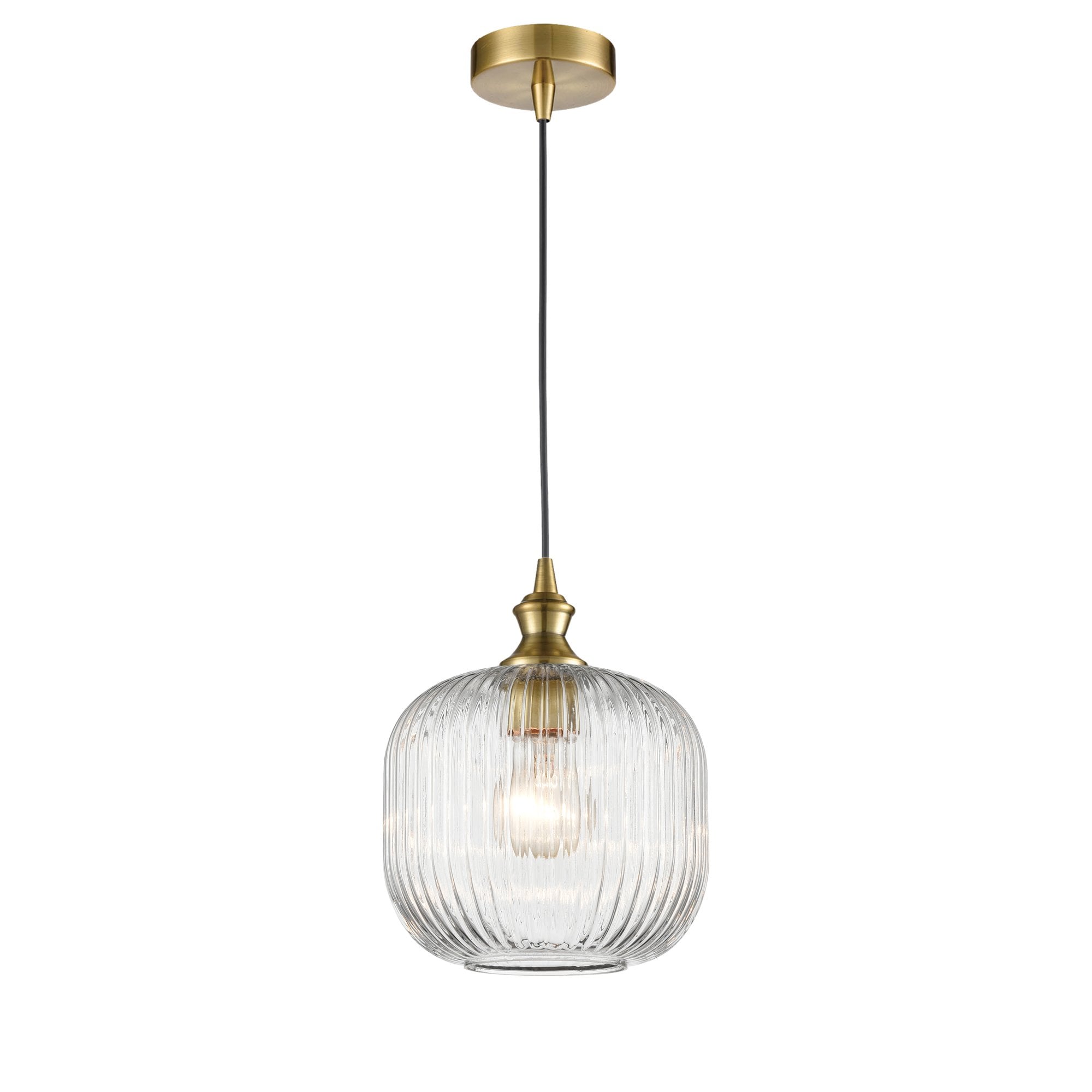 Franklite Refract Pendant - 200mm Ribbed Glass Shade - Aged Brass & Clear Glass