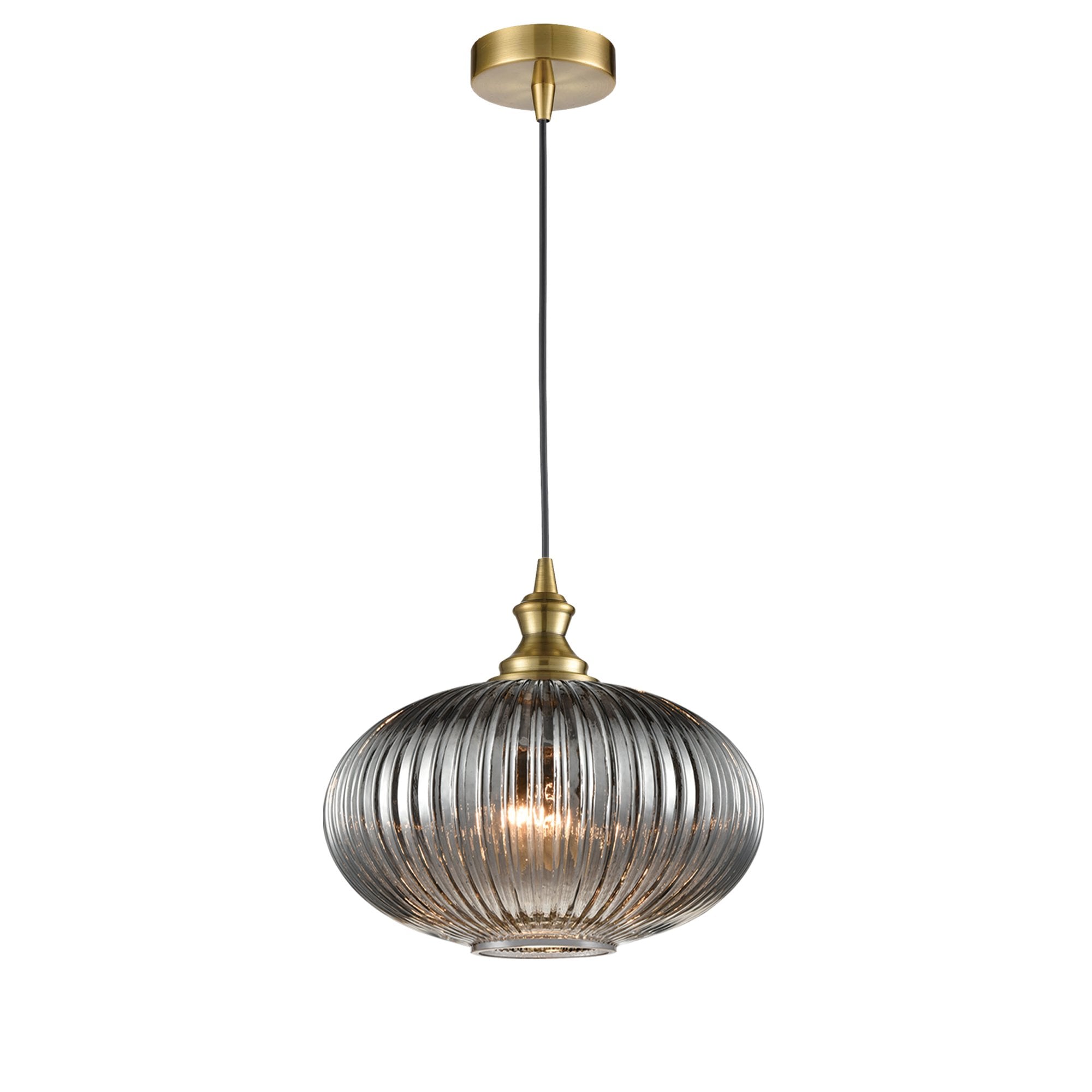 Franklite Refract Pendant - 240mm Ribbed Glass Shade - Aged Brass & Smoked Glass