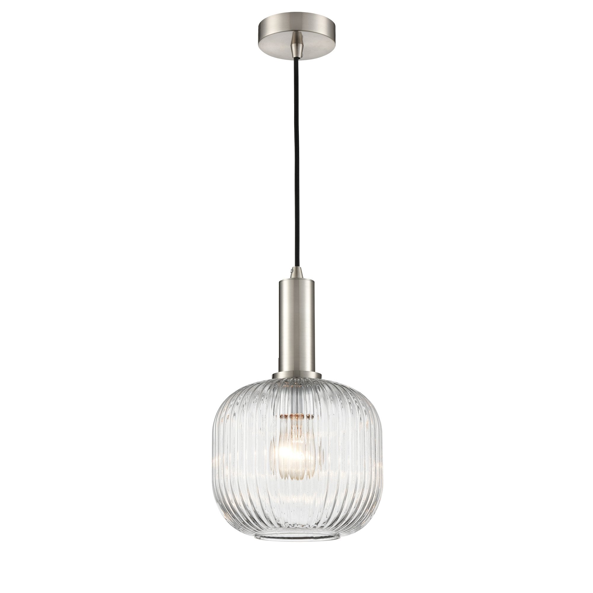 Franklite Mezcla Pendant - 200mm Ribbed Glass Shade - Satin Nickel & Clear Glass