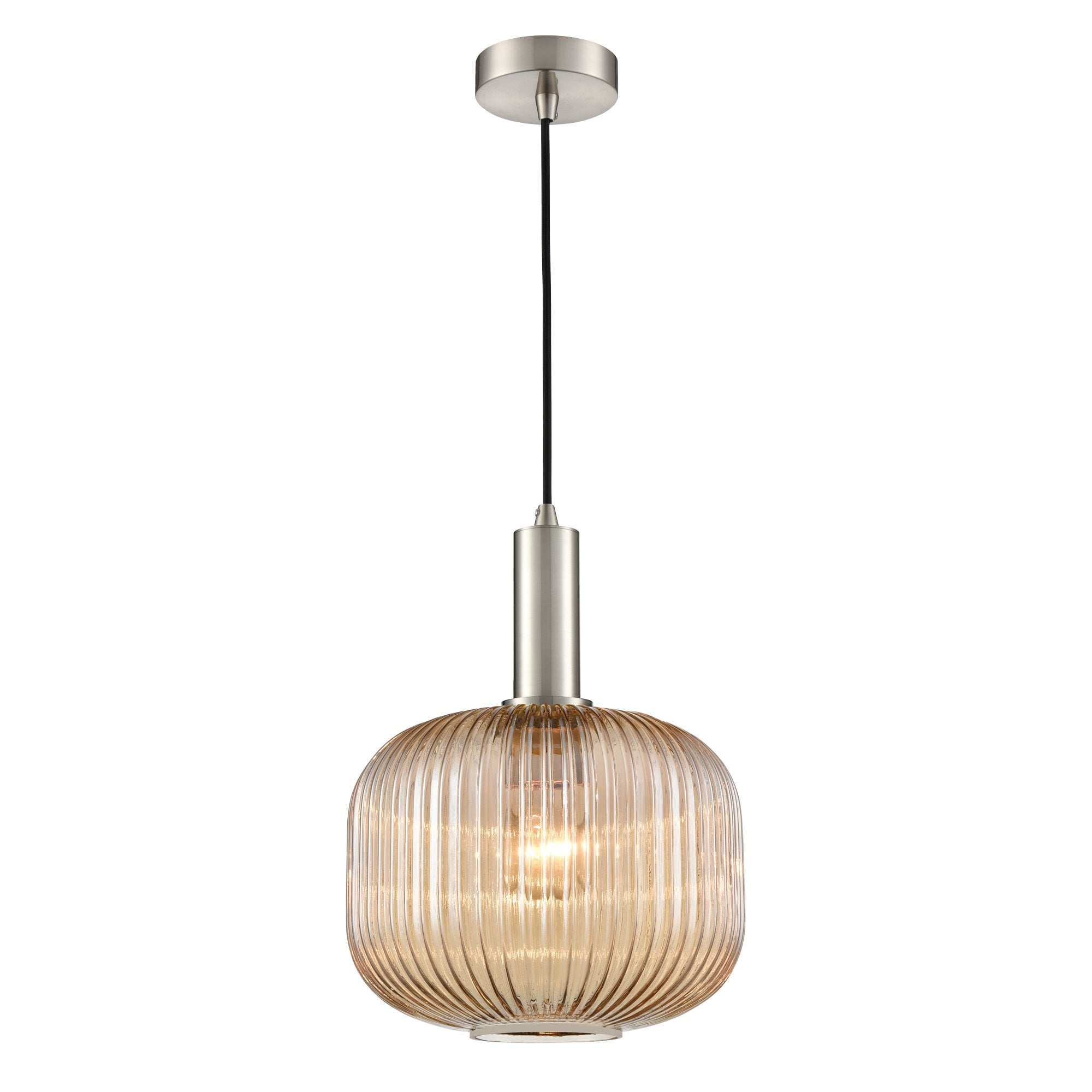 Franklite Mezcla Pendant - 250mm Ribbed Glass Shade - Satin Nickel & Amber Glass