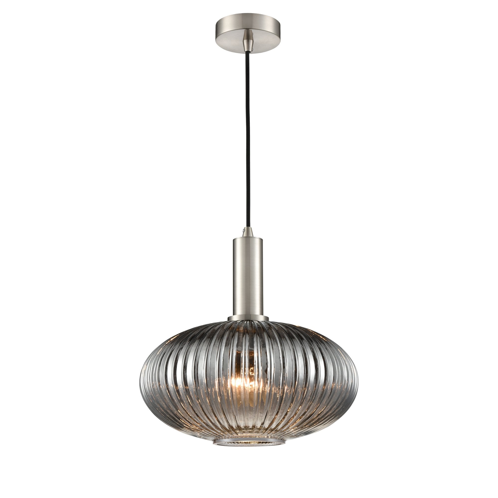 Franklite Mezcla Pendant - 300mm Ribbed Glass Shade - Satin Nickel & Smoked Glass