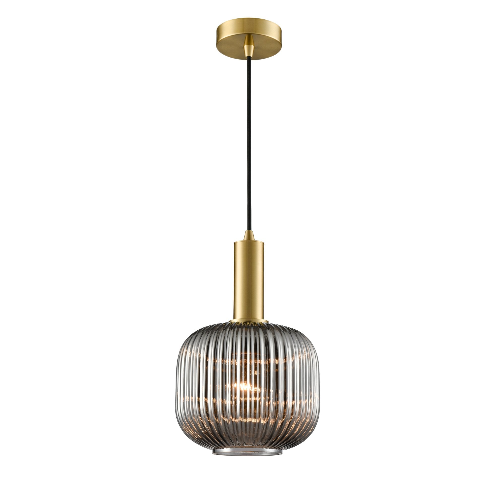 Franklite Mezcla Pendant - 200mm Ribbed Glass Shade - Aged Brass & Smoked Glass