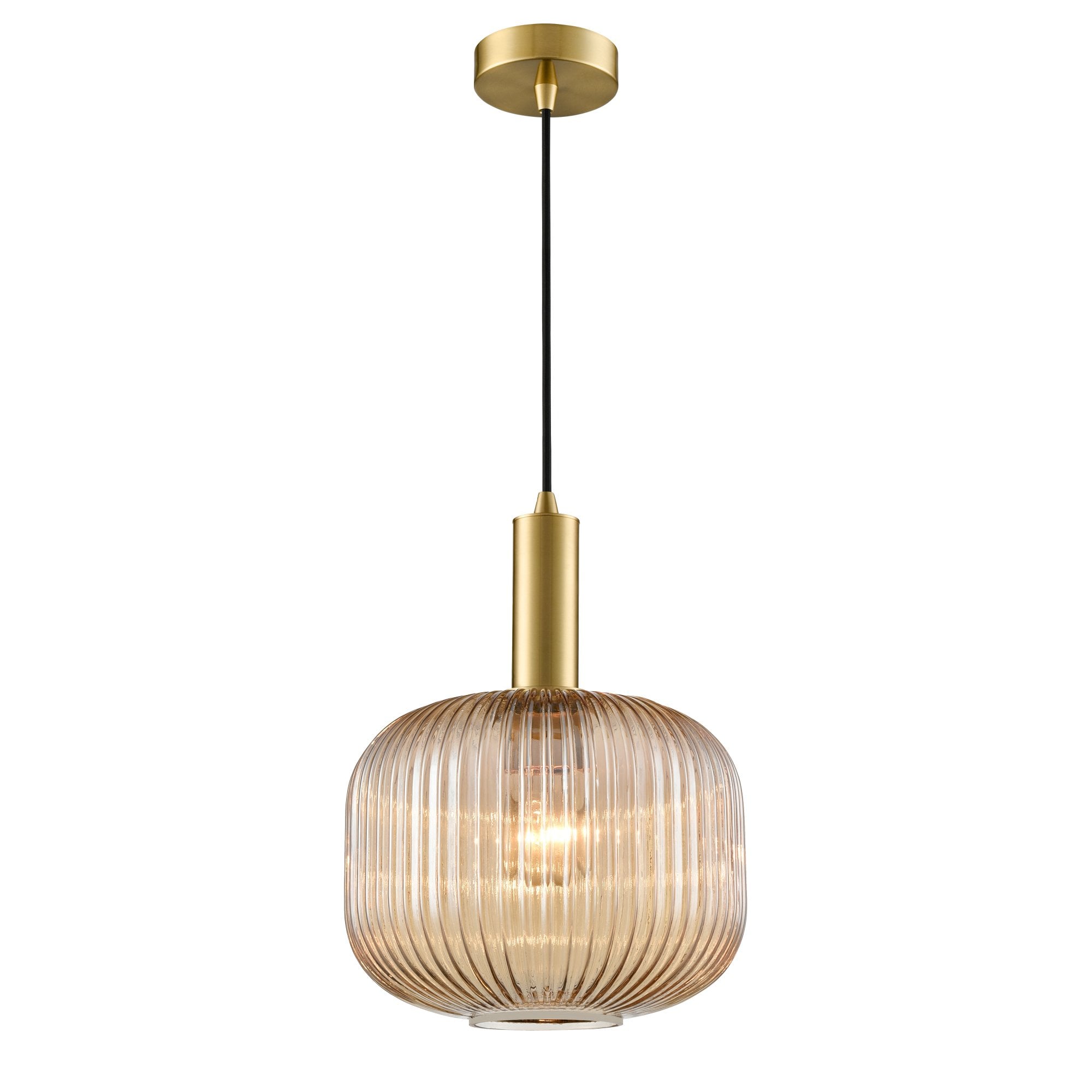 Franklite Mezcla Pendant - 250mm Ribbed Glass Shade - Aged Brass & Amber Glass