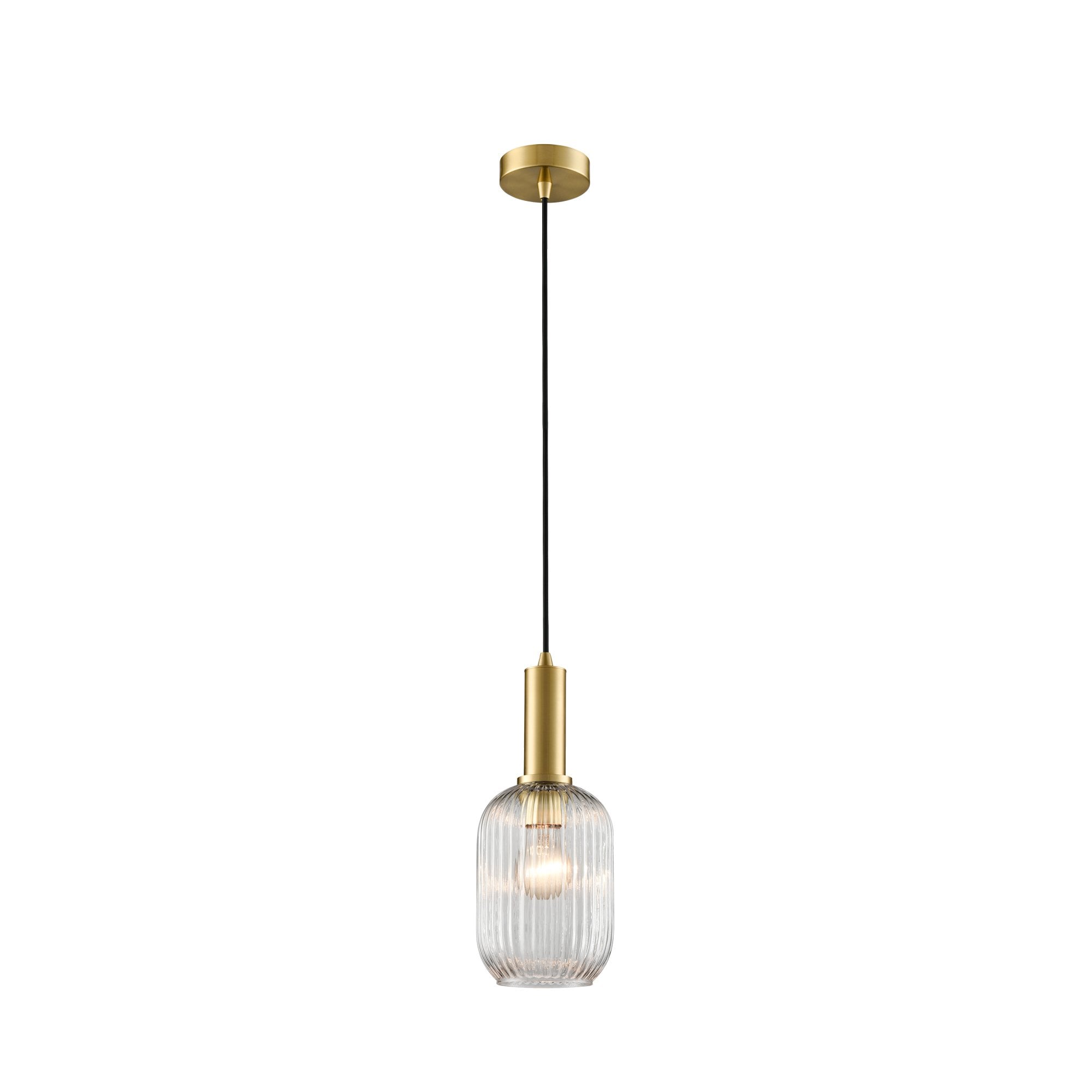 Franklite Mezcla Pendant - 150mm Ribbed Glass Shade - Aged Brass & Clear Glass