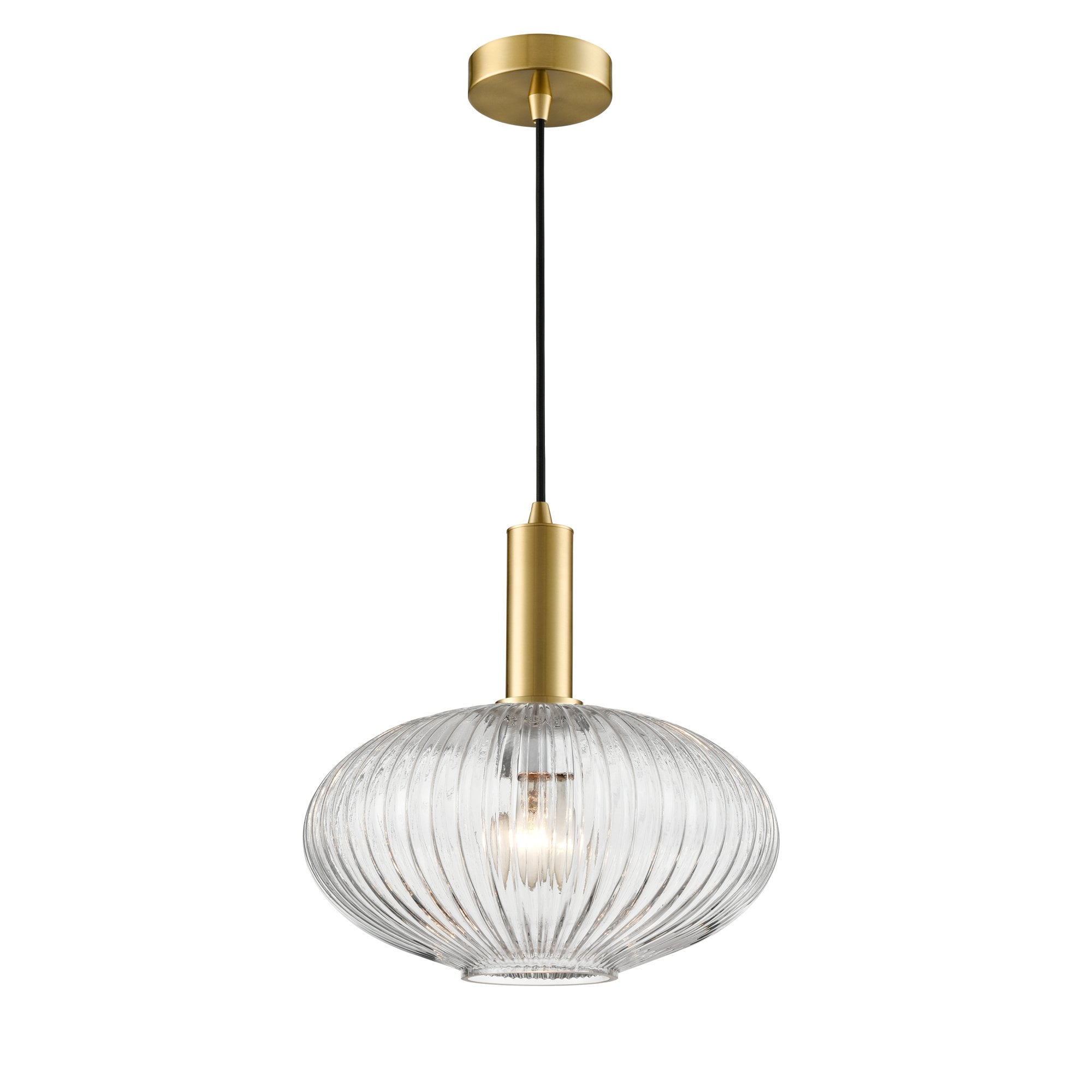Franklite Mezcla Pendant - 300mm Ribbed Glass Shade - Aged Brass & Clear Glass