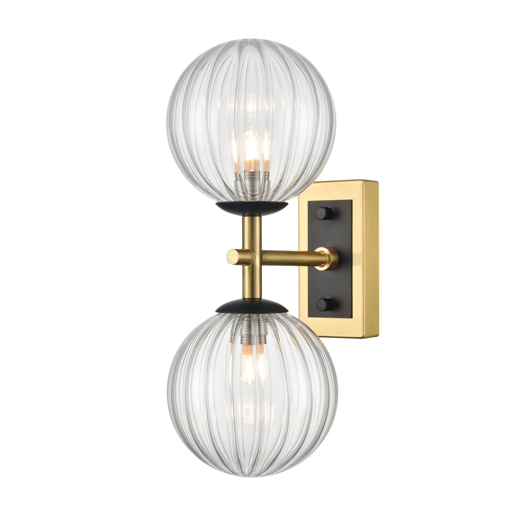 Franklite Stellar 2 Light IP44 Wall Light - Aged Brass & Clear Ribbed Glass