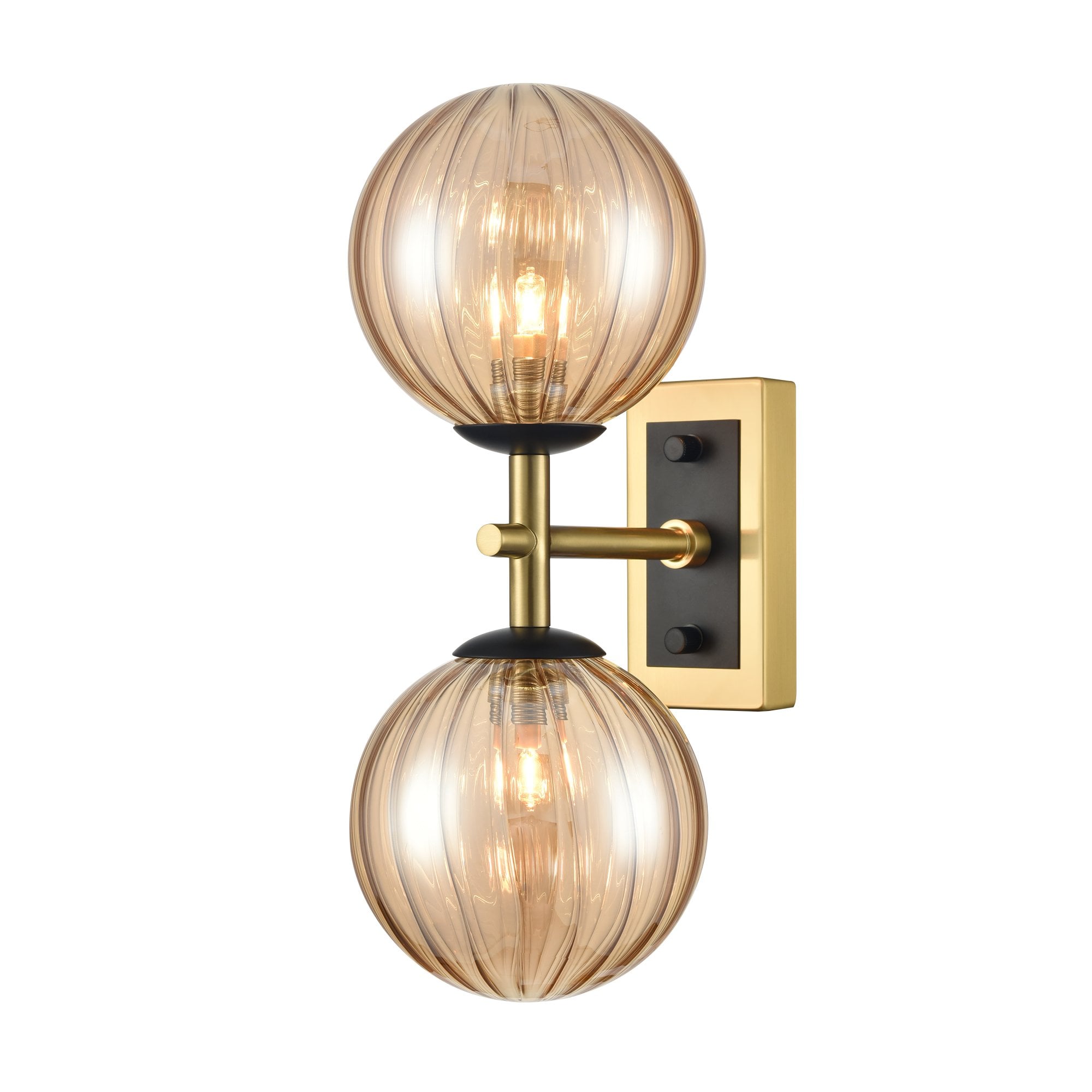 Franklite Stellar 2 Light IP44 Wall Light - Aged Brass & Amber Ribbed Glass