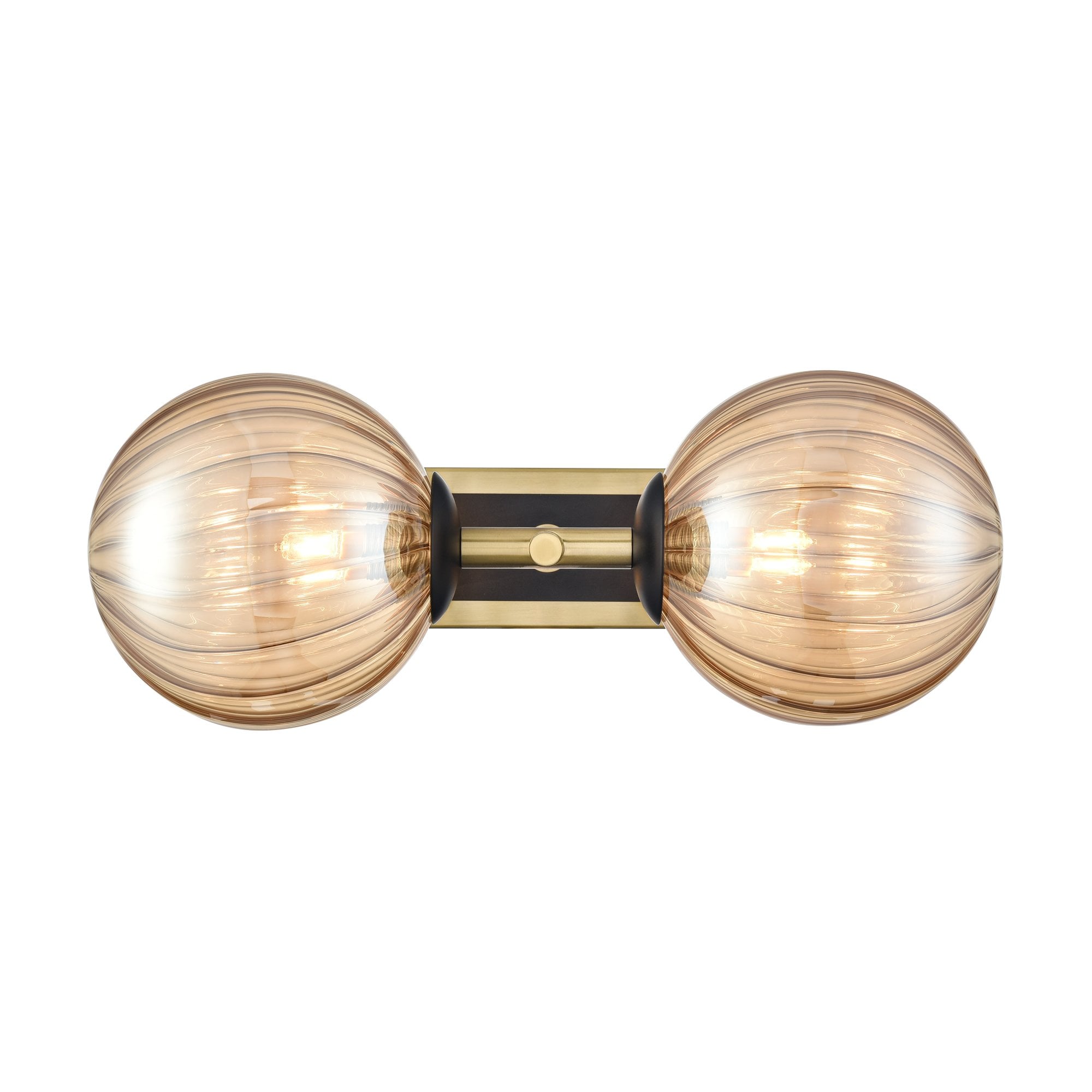 Franklite Stellar 2 Light IP44 Wall Light - Aged Brass & Amber Ribbed Glass