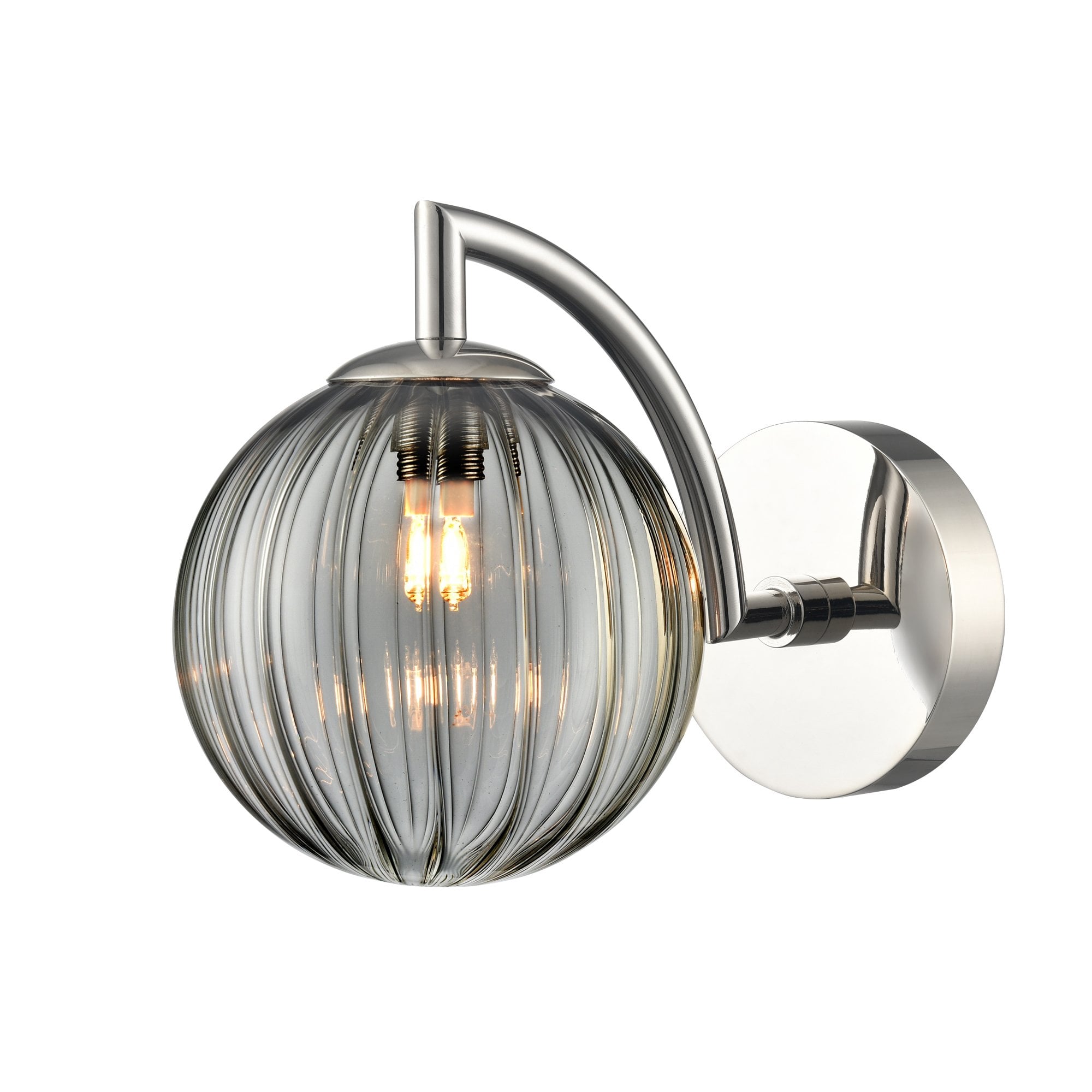 Franklite Globe 1 Light IP44 Wall Light - Polished Nickel & Smoked Ribbed Glass