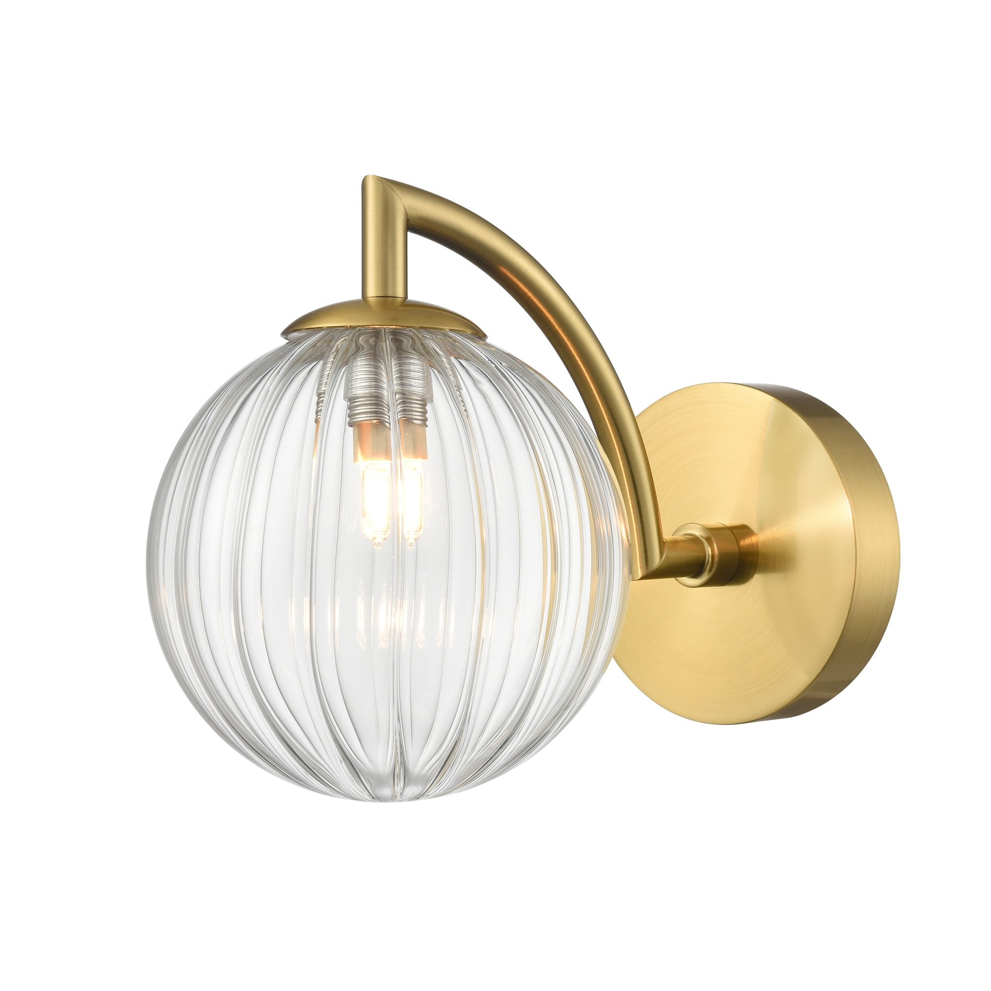 Franklite Globe 1 Light IP44 Wall Light - Aged Brass & Clear Ribbed Glass