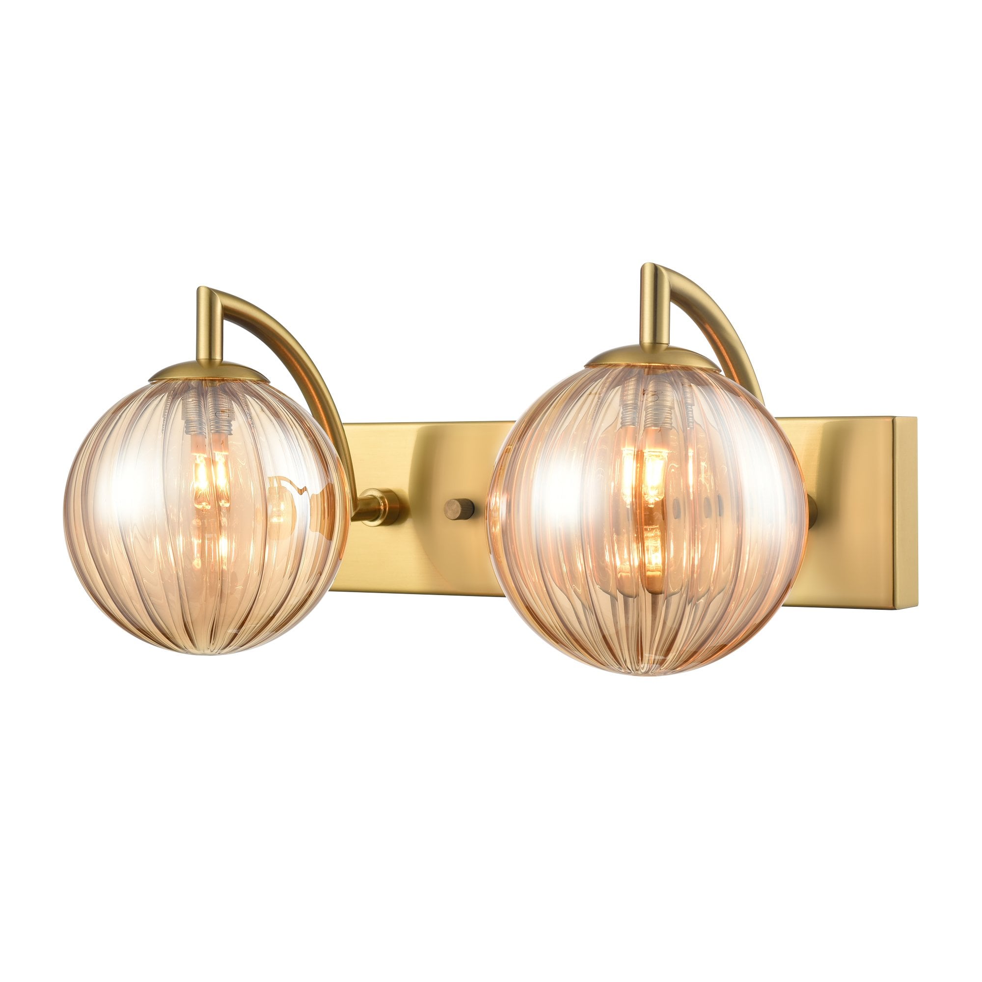 Franklite Globe 2 Light IP44 Wall Light - Aged Brass & Amber Ribbed Glass