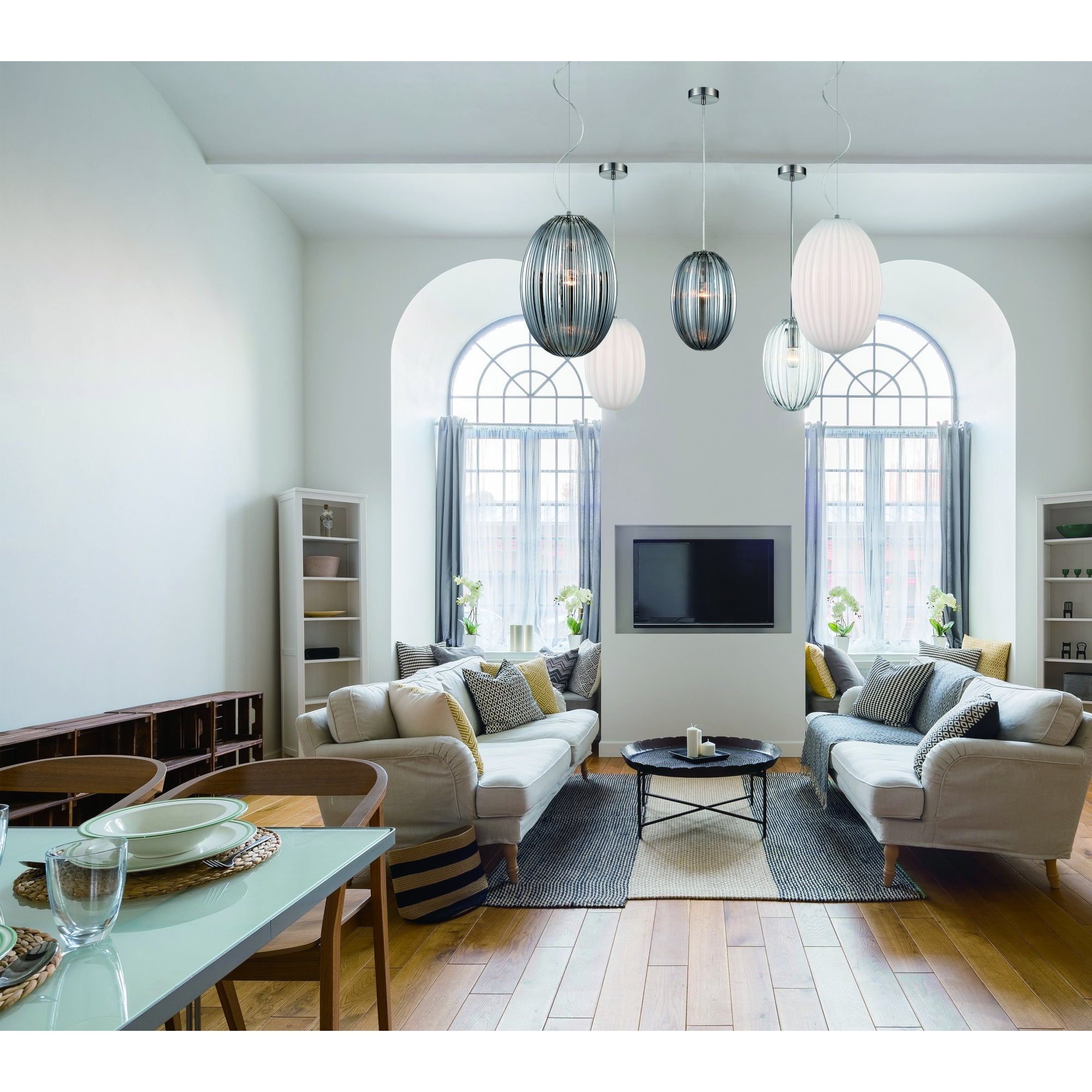 Franklite Almond 300mm Oval Ribbed Pendant - Opal Glass