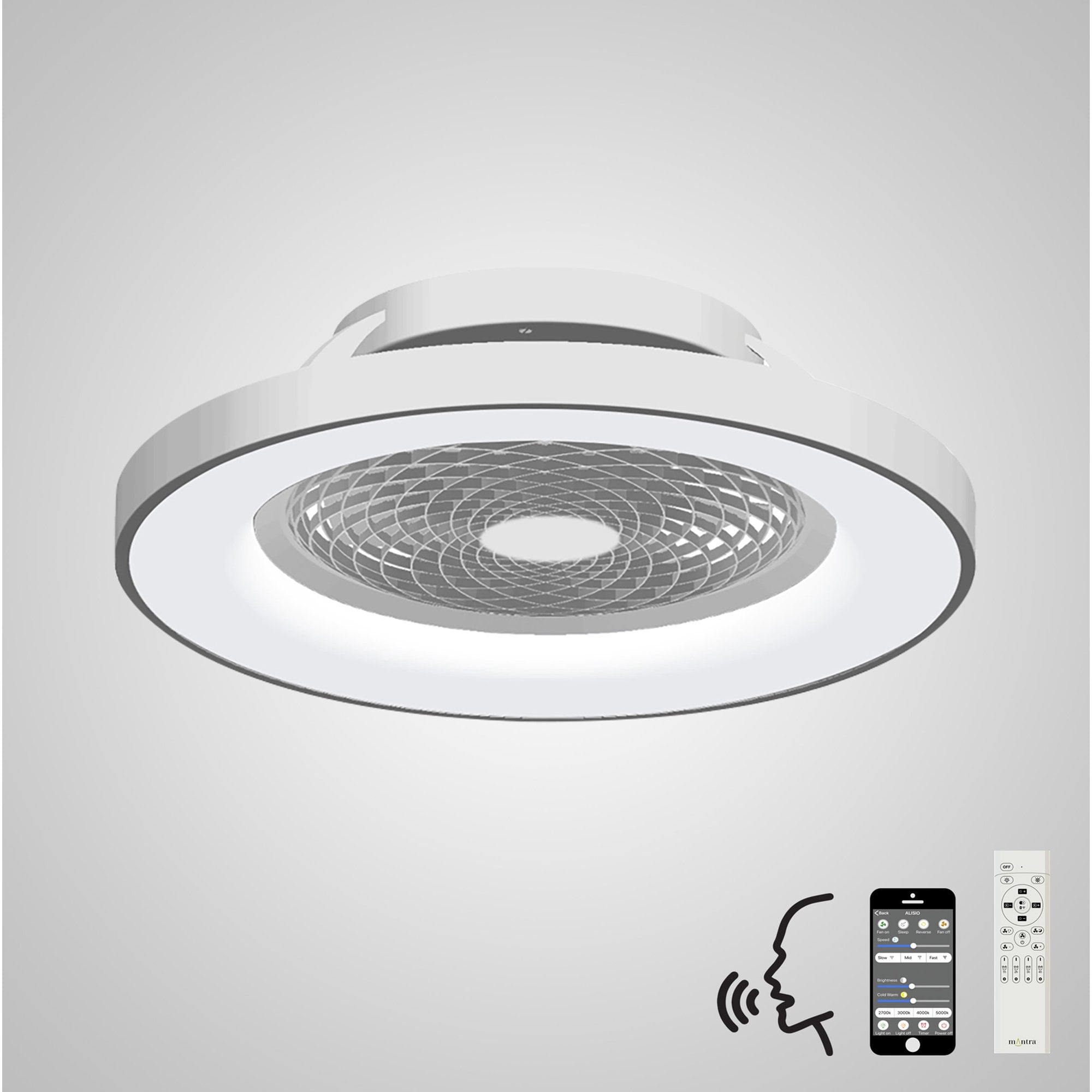 Mantra Tibet 70W LED Dimmable Ceiling Light & Fan, Remote, APP ,  Voice Controlled, Silver