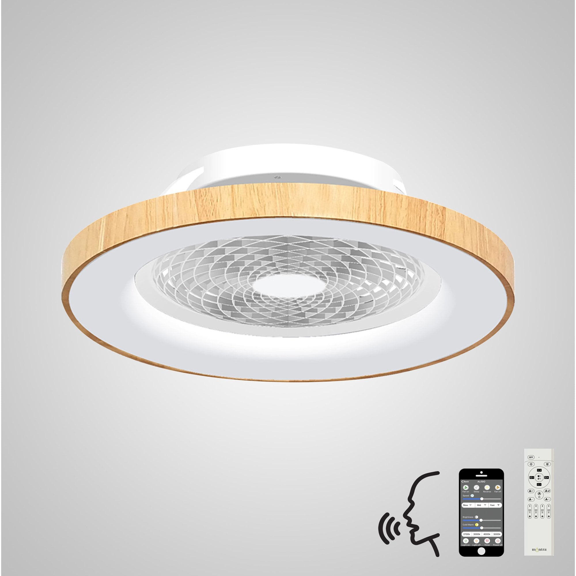 Mantra Tibet 70W LED Dimmable Ceiling Light & Fan, Remote, APP ,  Voice Controlled, Wood Effect