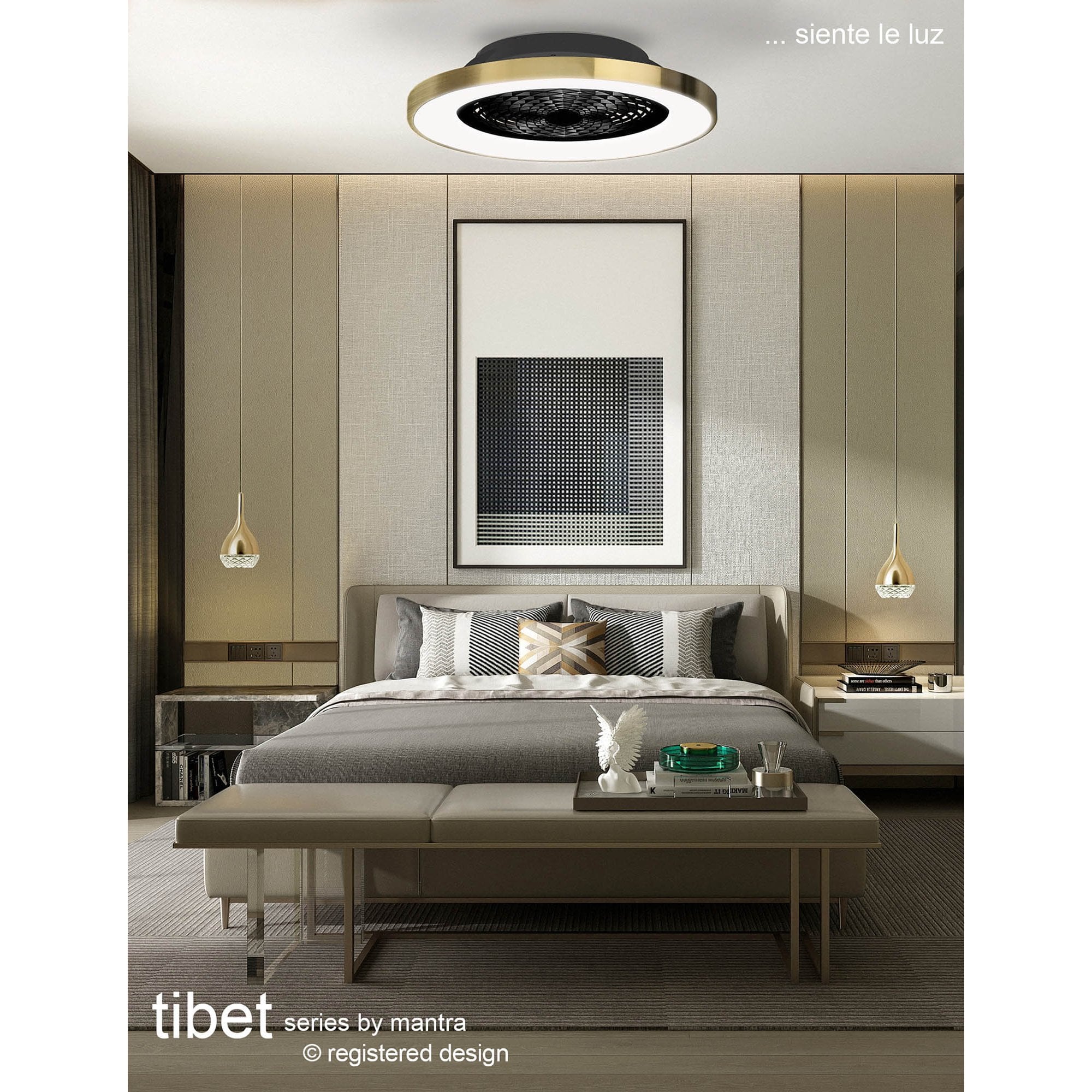 Mantra Tibet 70W LED Dimmable Ceiling Light & Fan, Remote, APP ,  Voice Controlled, Wood Effect, Black