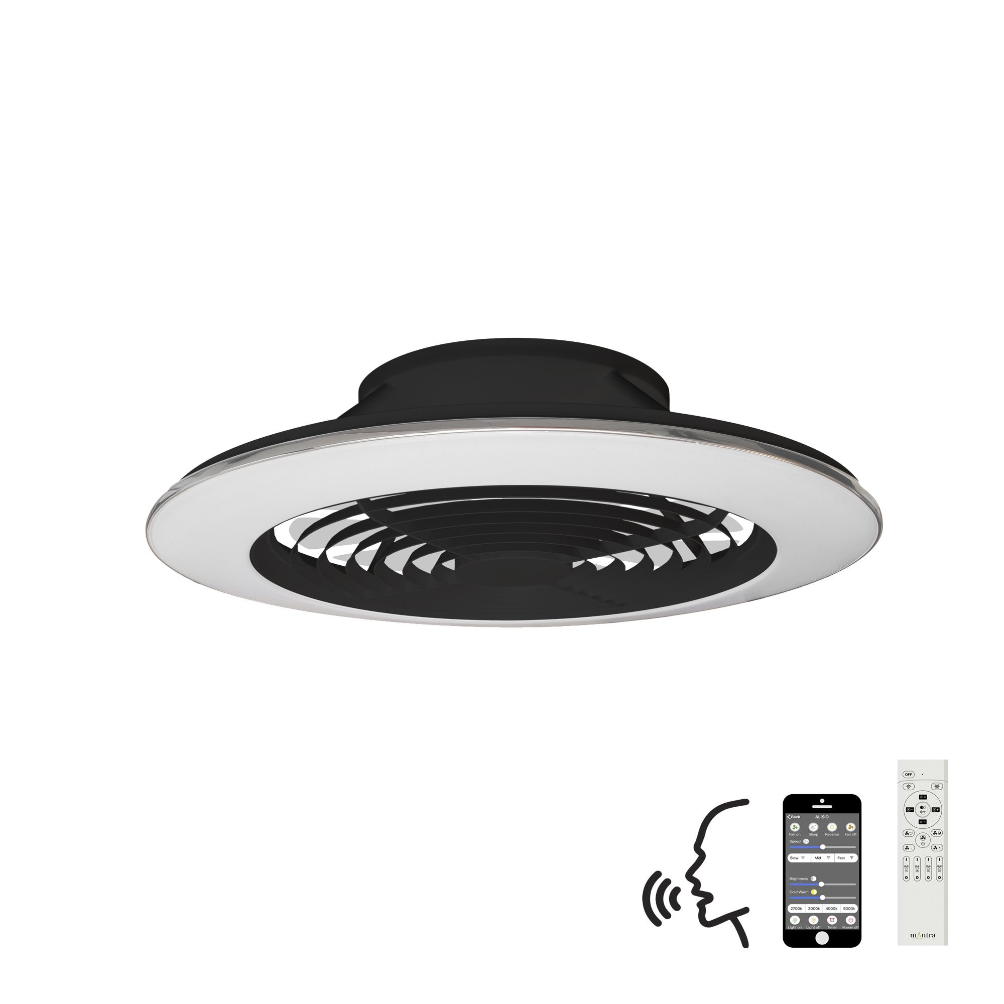 Mantra Alisio XL 95W LED Dimmable Ceiling Light & Fan, Remote, APP ,  Voice Controlled, Black
