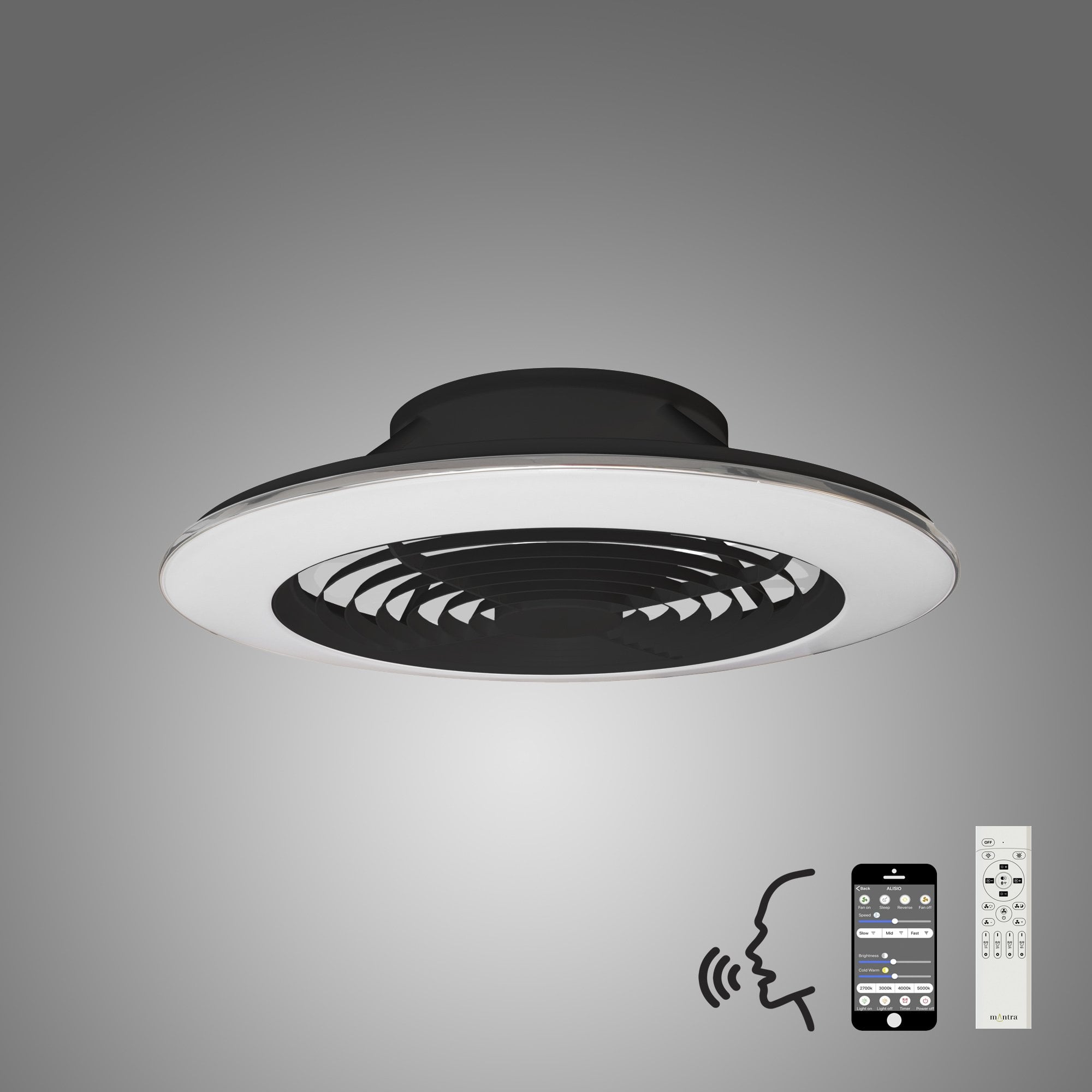 Mantra Alisio XL 95W LED Dimmable Ceiling Light & Fan, Remote, APP ,  Voice Controlled, Black