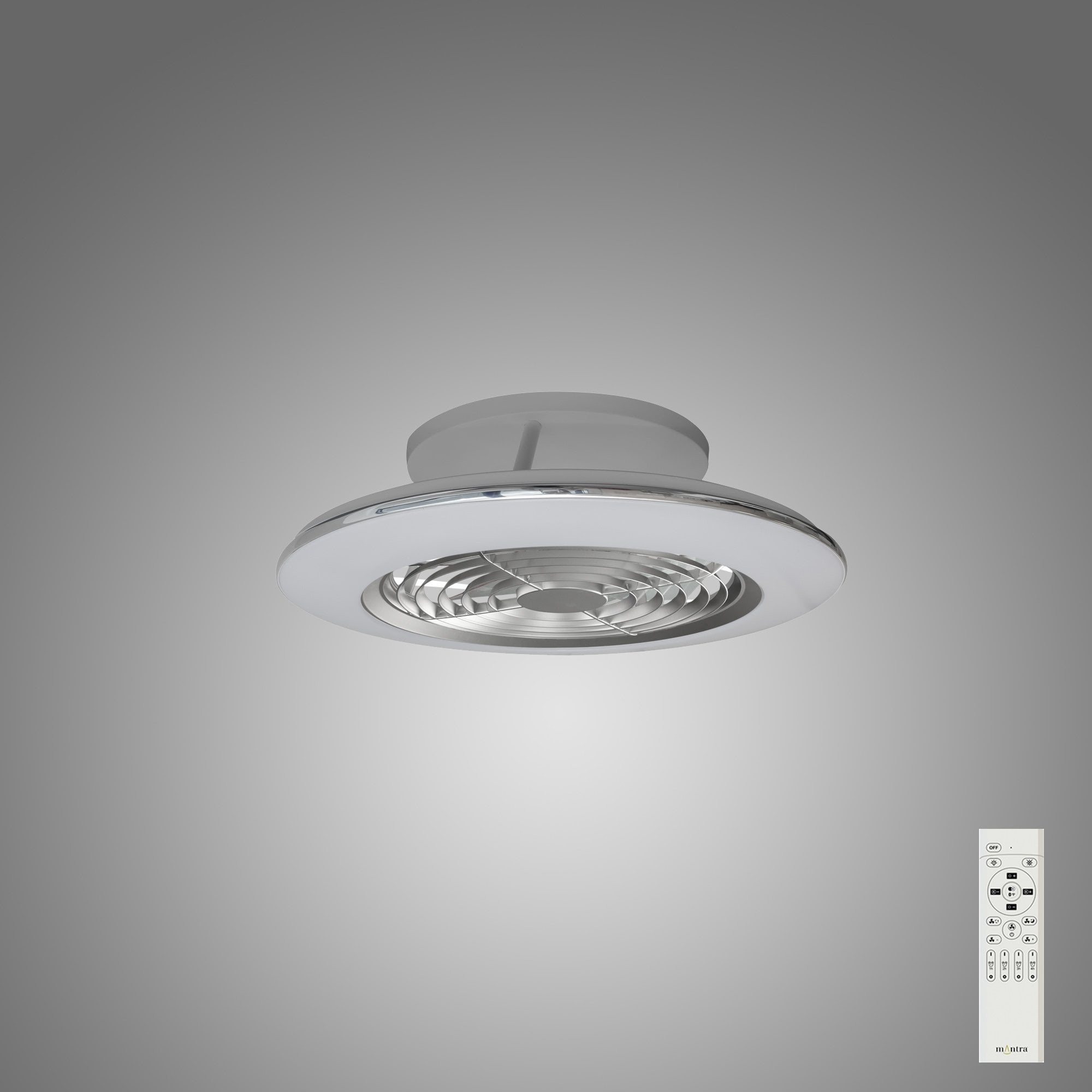Mantra Alisio Mini 70W LED Dimmable Ceiling Light & Fan, Remote Controlled, Silver