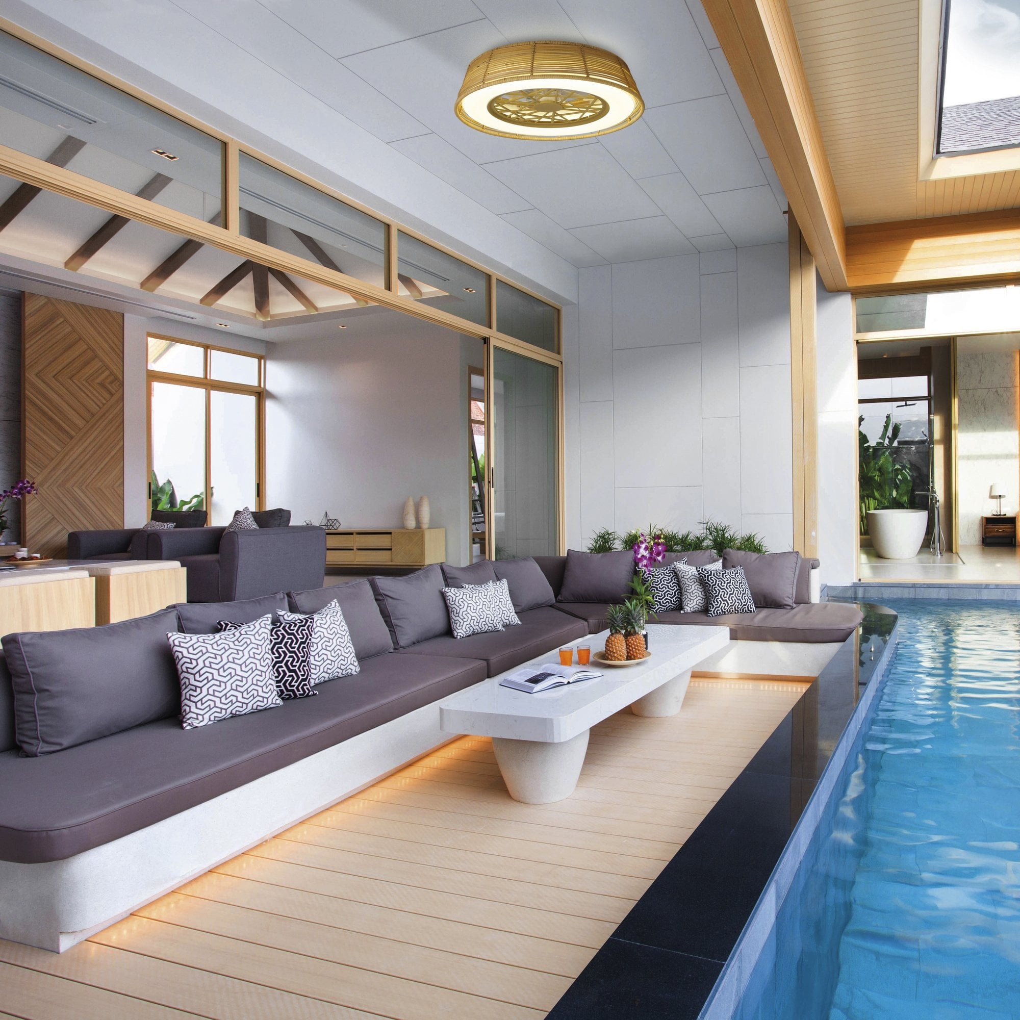 Mantra Indonesia 70W LED Dimmable Ceiling Light & Fan, Remote Controlled, Beige Rattan