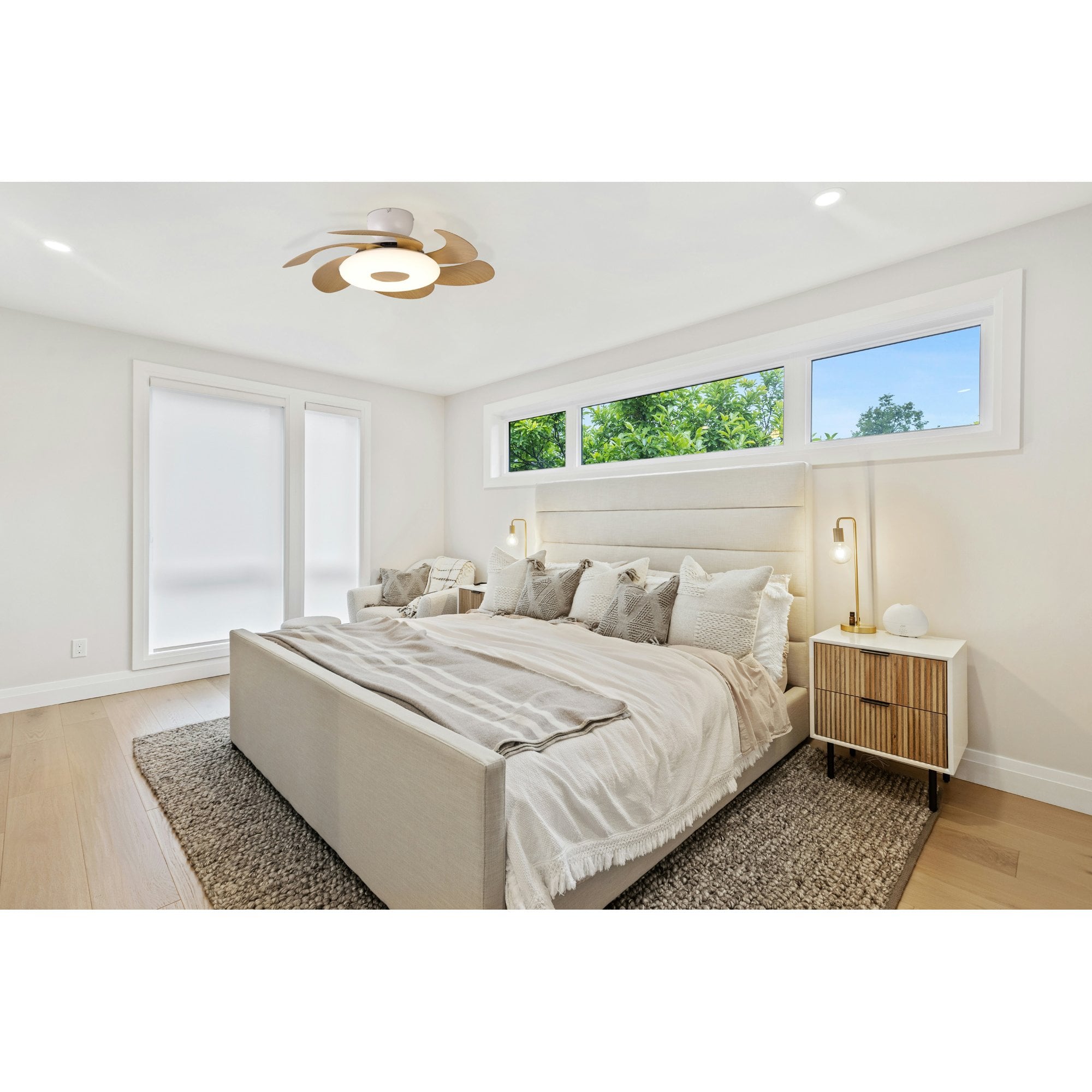 Mantra Flowers 24W LED Dimmable Ceiling Light & Fan, Remote Controlled, - White, Wood