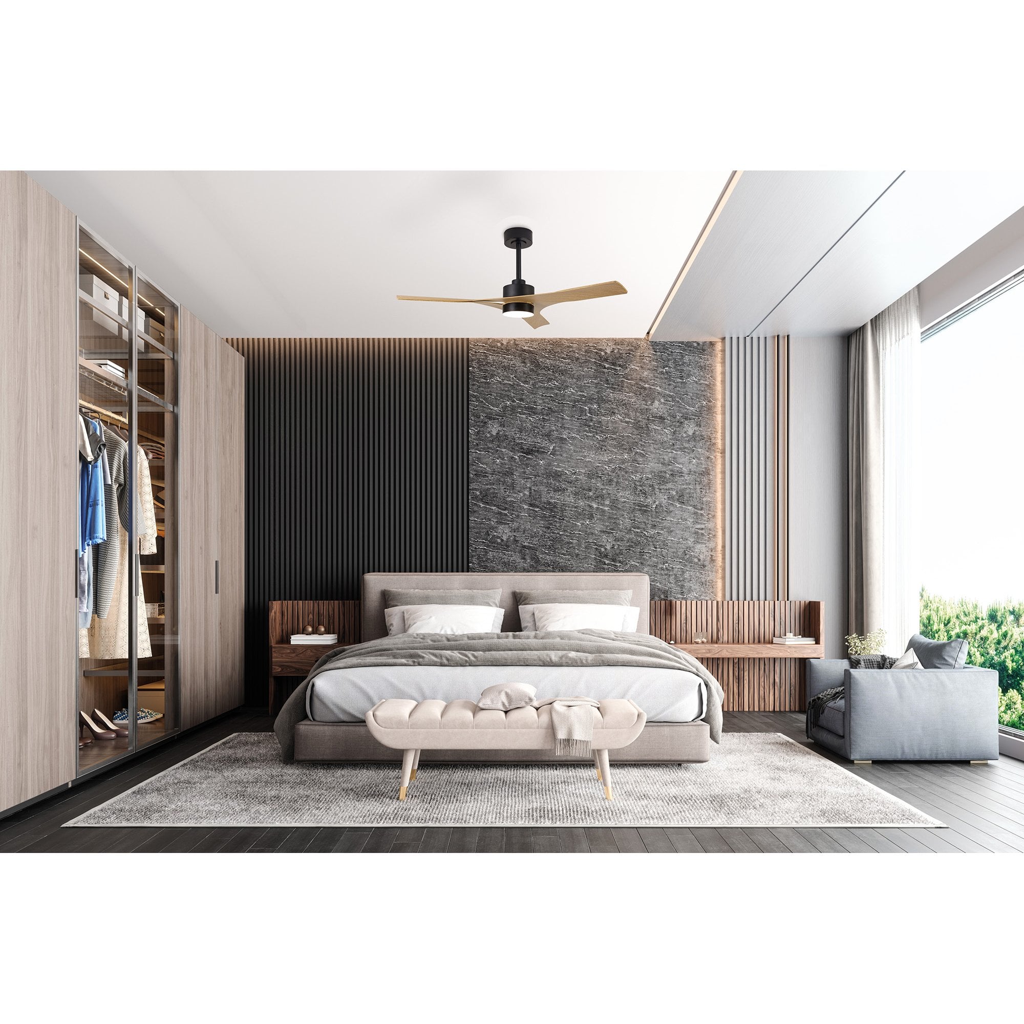 Mantra Thai 30W LED Dimmable Ceiling Light With Built-In 35W DC Fan, 2700-5000K Remote & APP Control, White, Wood