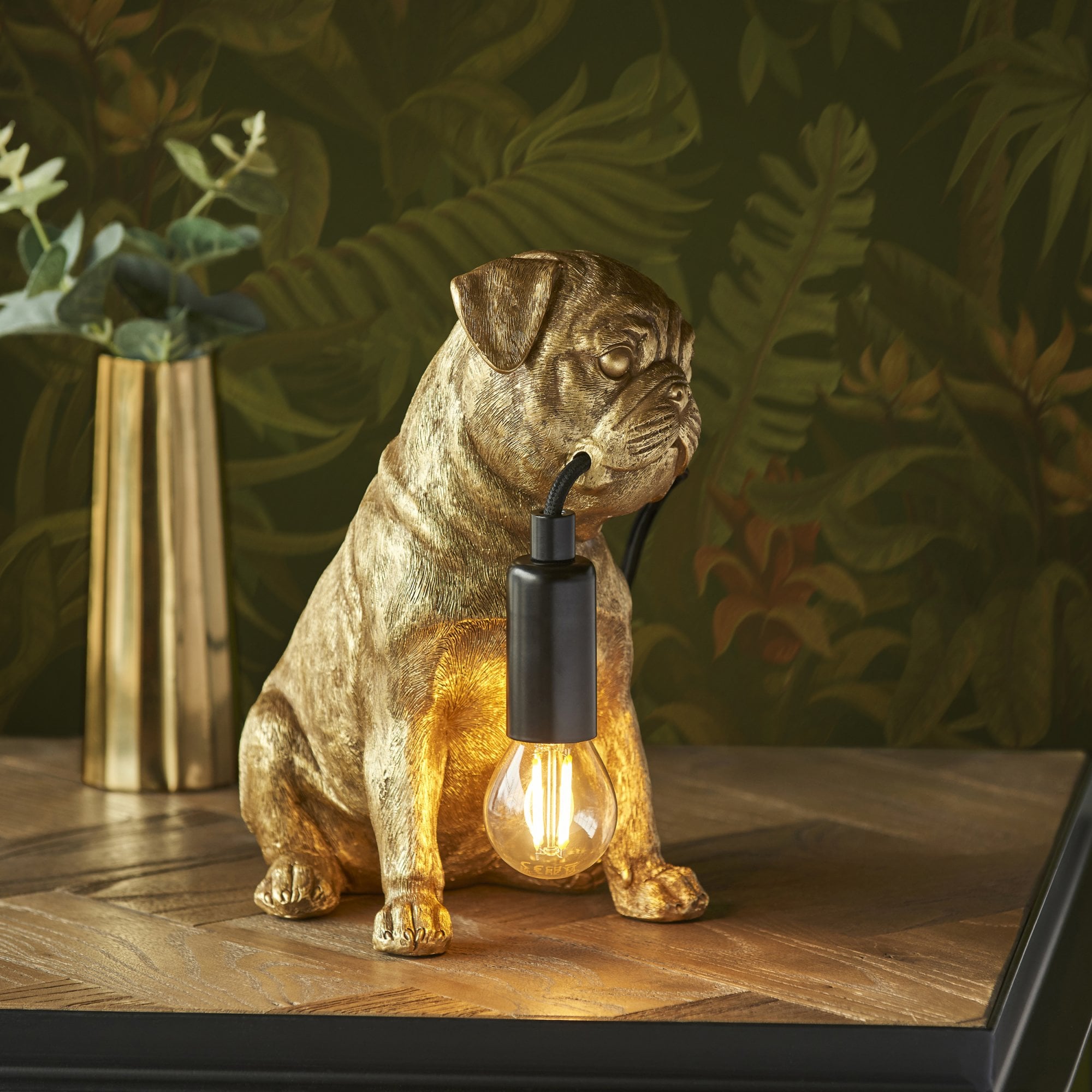 Endon Pug Puppy 1 Light Table Lamp - Vintage Gold & Matt Black