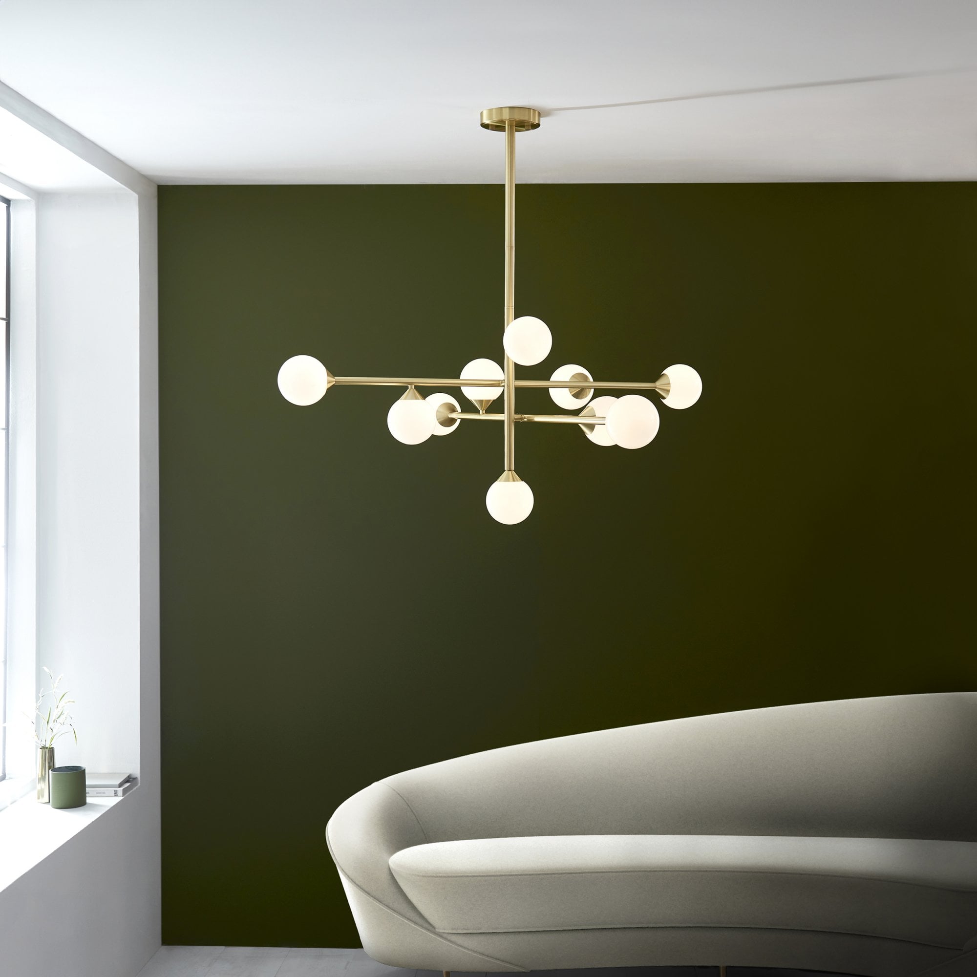 Utopia Lunar 10 Light Pendant - Satin Brushed Gold & Gloss White Glass