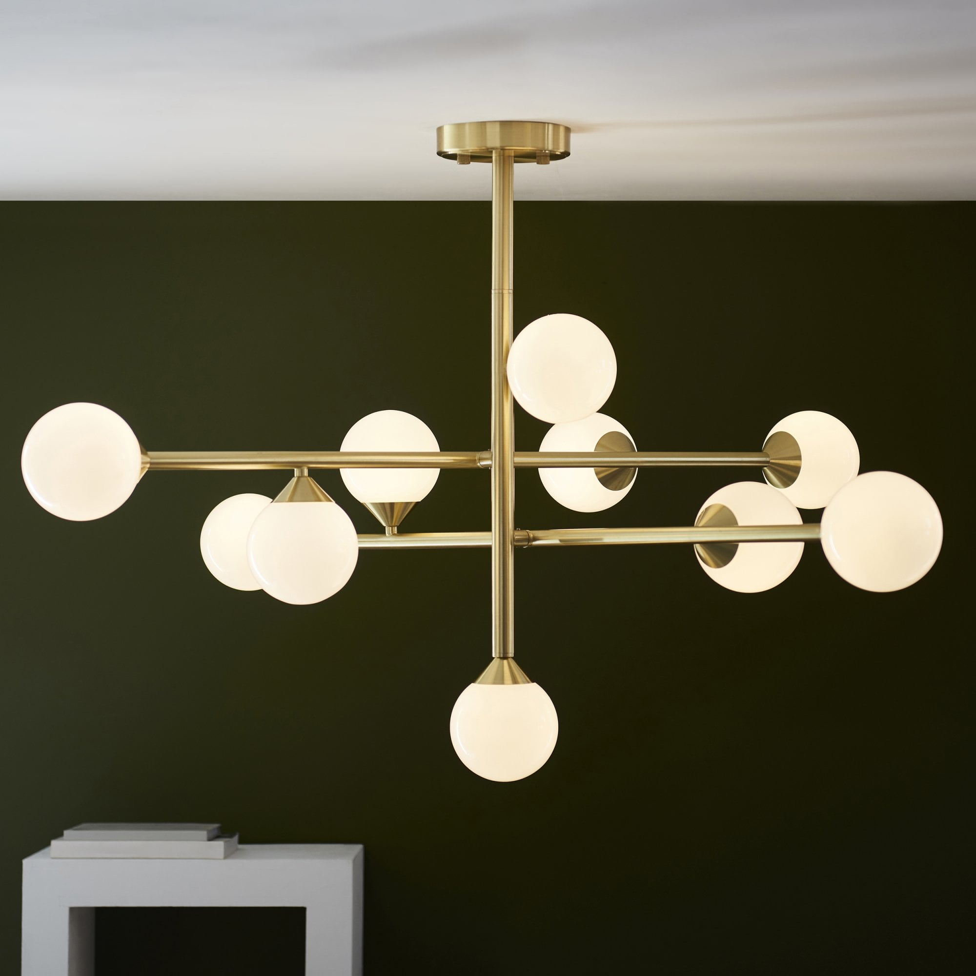 Utopia Lunar 10 Light Pendant - Satin Brushed Gold & Gloss White Glass