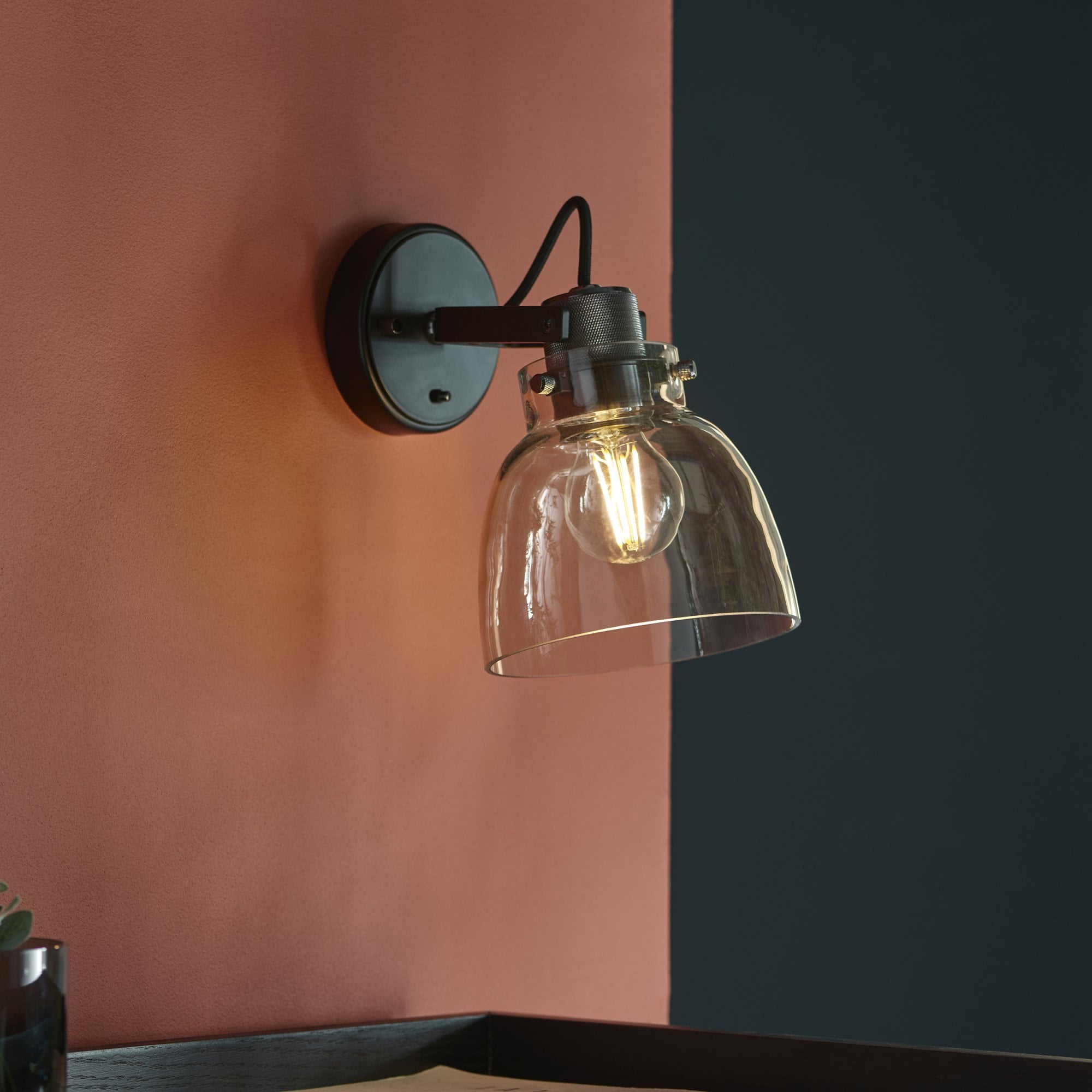 Endon Pitch 1 Light Wall Fitting - Black Chrome & Tinted Glass