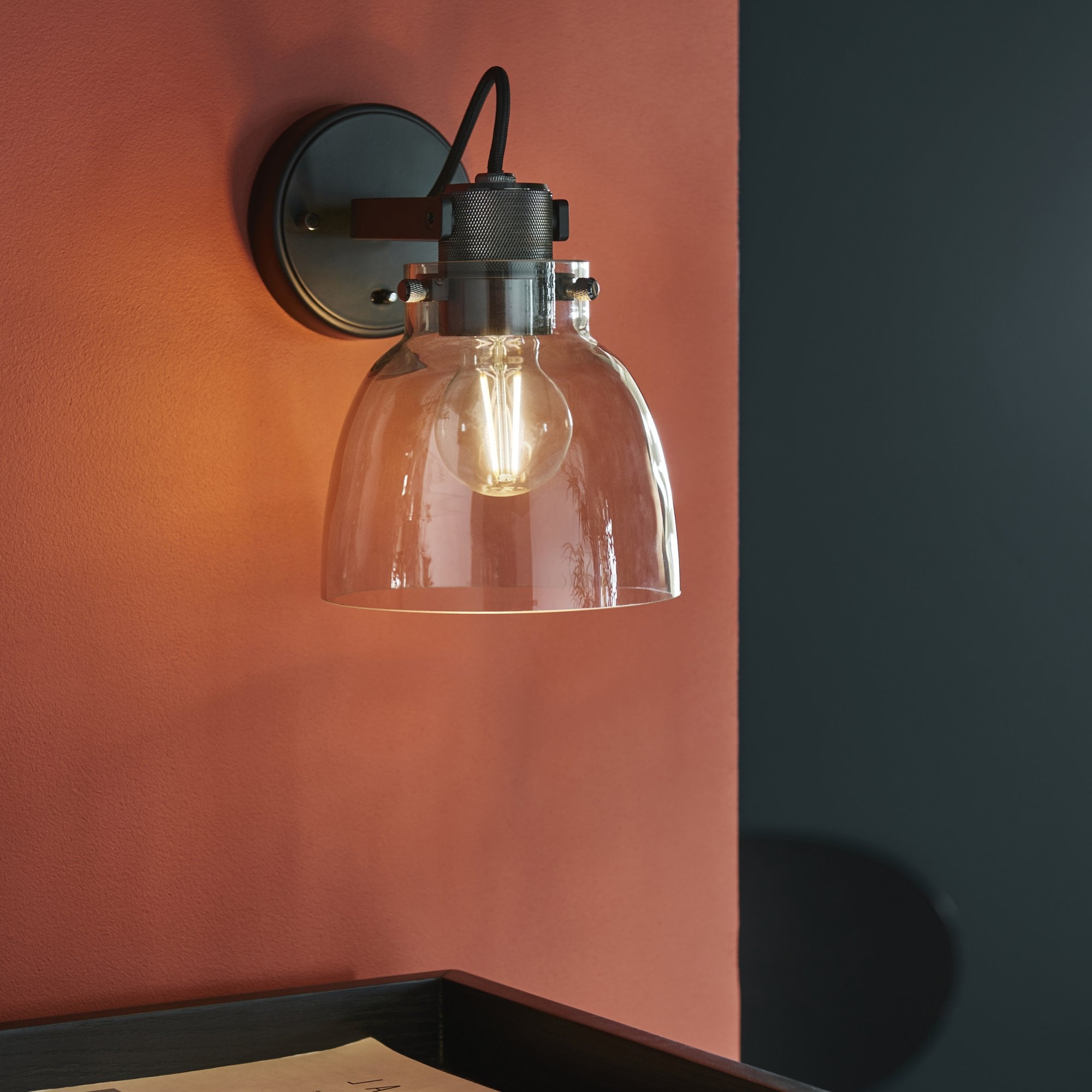 Endon Pitch 1 Light Wall Fitting - Black Chrome & Tinted Glass