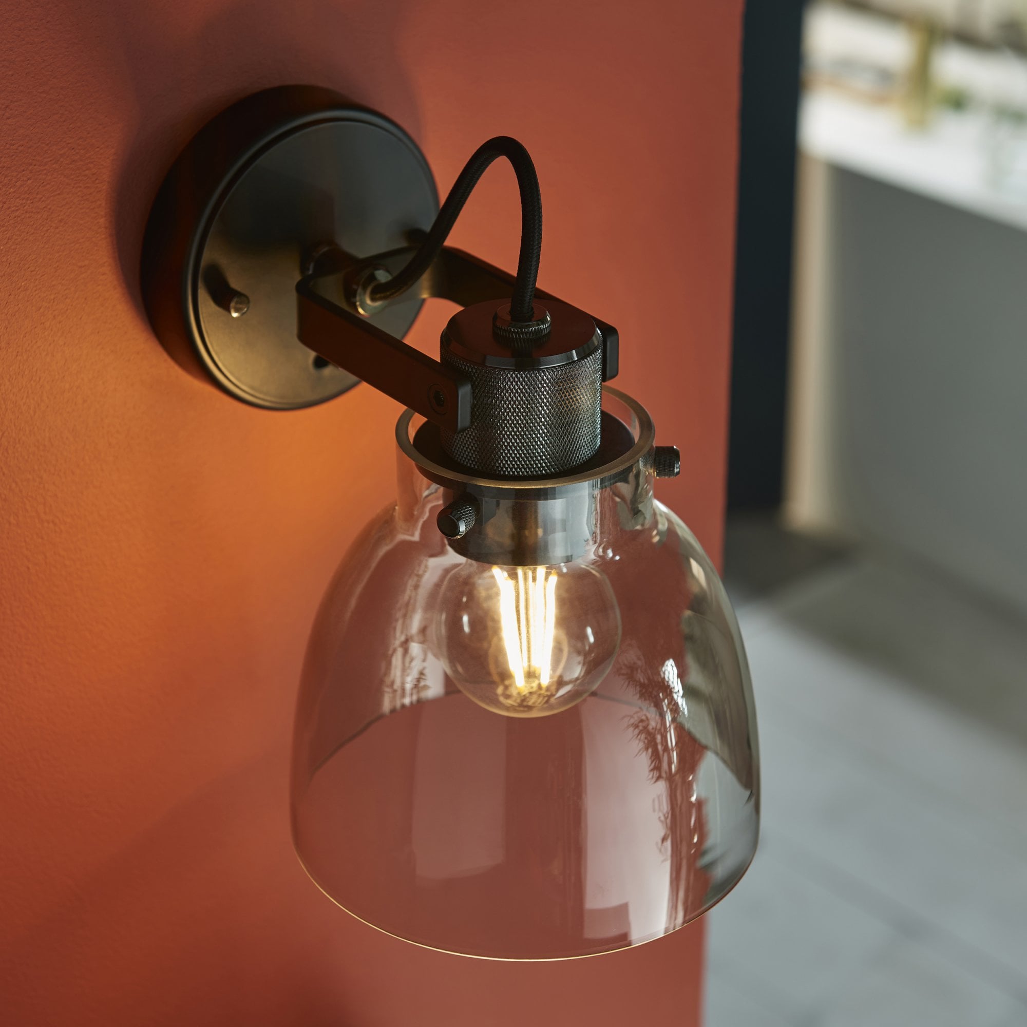 Endon Pitch 1 Light Wall Fitting - Black Chrome & Tinted Glass