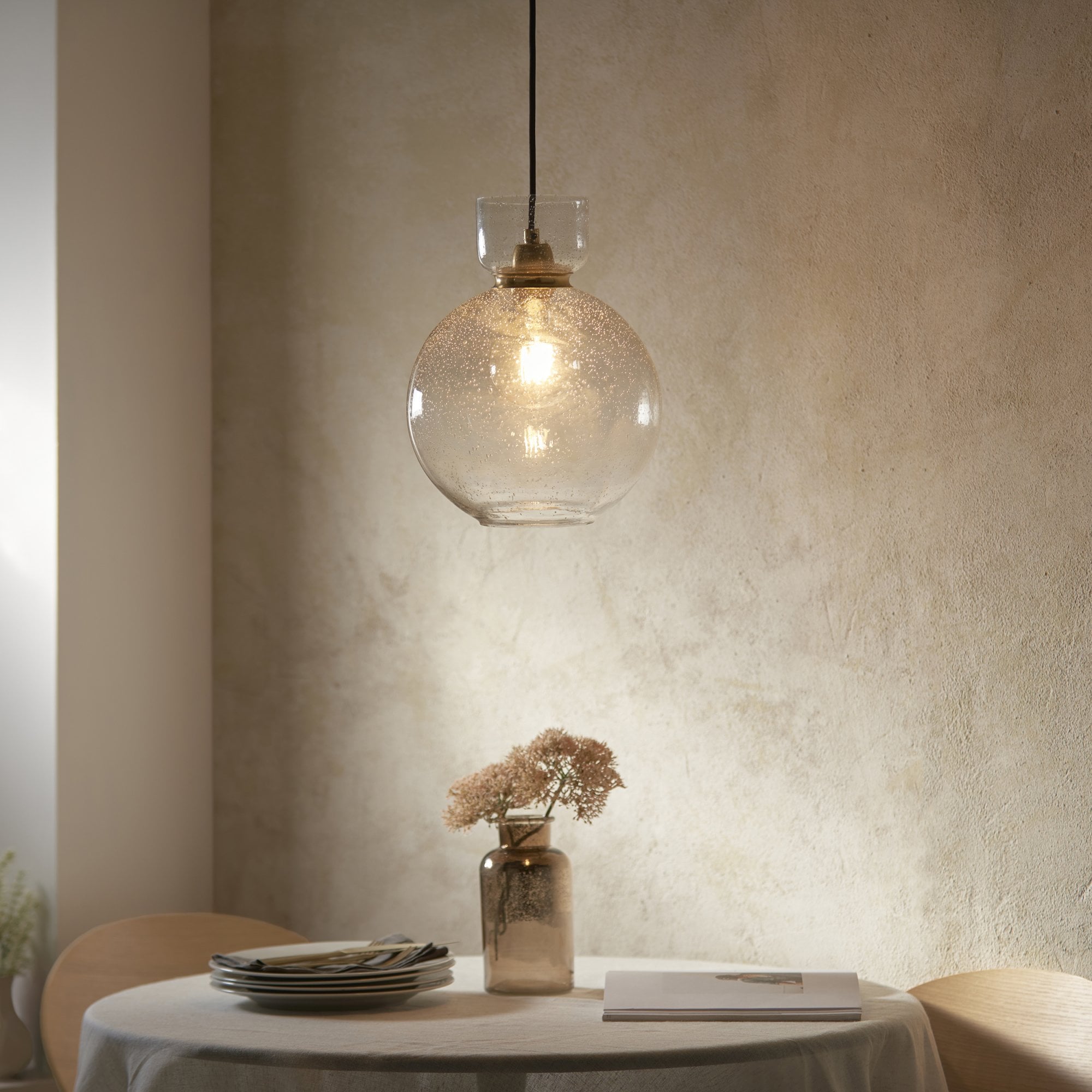 Utopia Cosmos 1 Light Pendant - Brass & Clear Bubble Glass