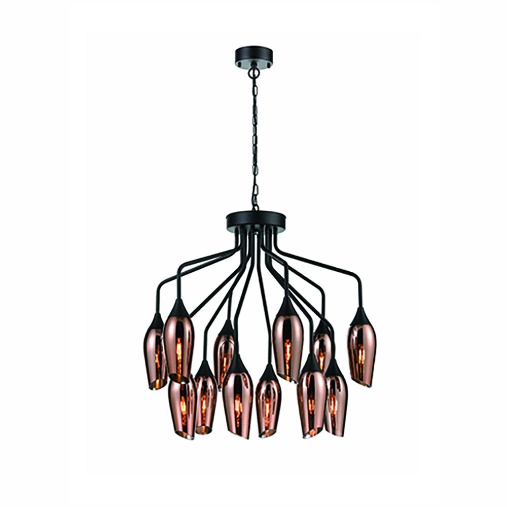 Franklite Taper 12 Light Pendant - Matt Black & Copper Glass