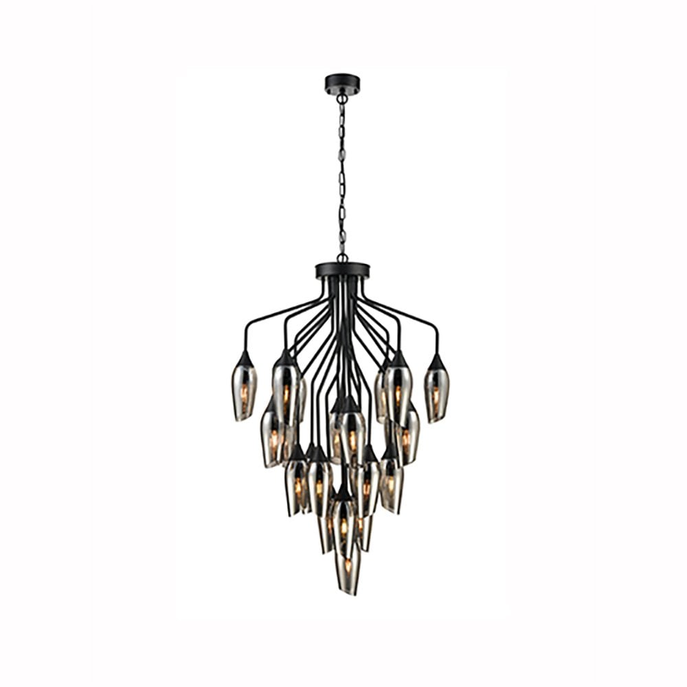 Franklite Taper 22 Light Pendant - Matt Black & Smoked Glass