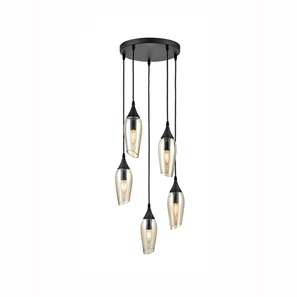 Franklite Taper 5 Light Spreader Pendant - Matt Black & Amber Glass