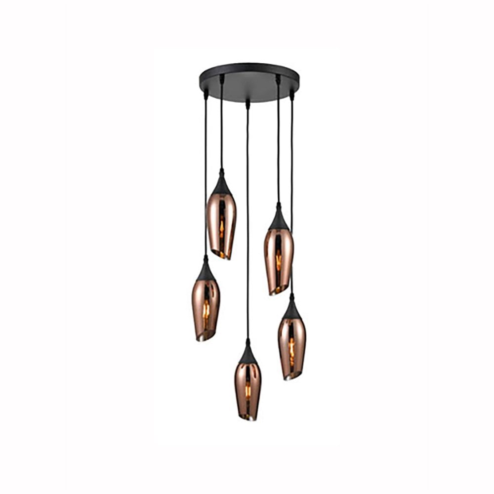 Franklite Taper 5 Light Spreader Pendant - Matt Black & Copper Glass